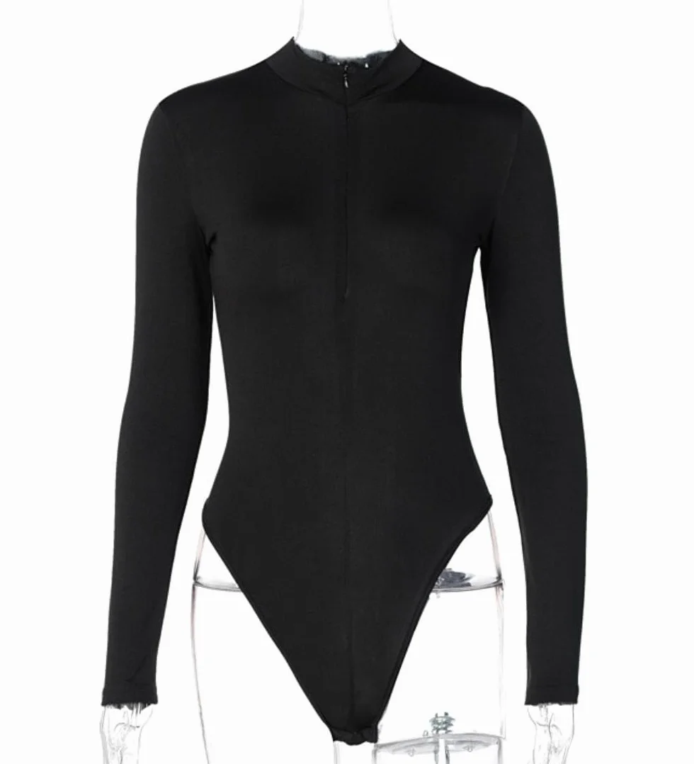 Body damskie z długim rękawem, seksowny golf, dekolt w serek, body slim fit, kombinezon z zamkiem błyskawicznym z przodu, rozciągany, trykot, szykowny garnitur, codzienny ubiór