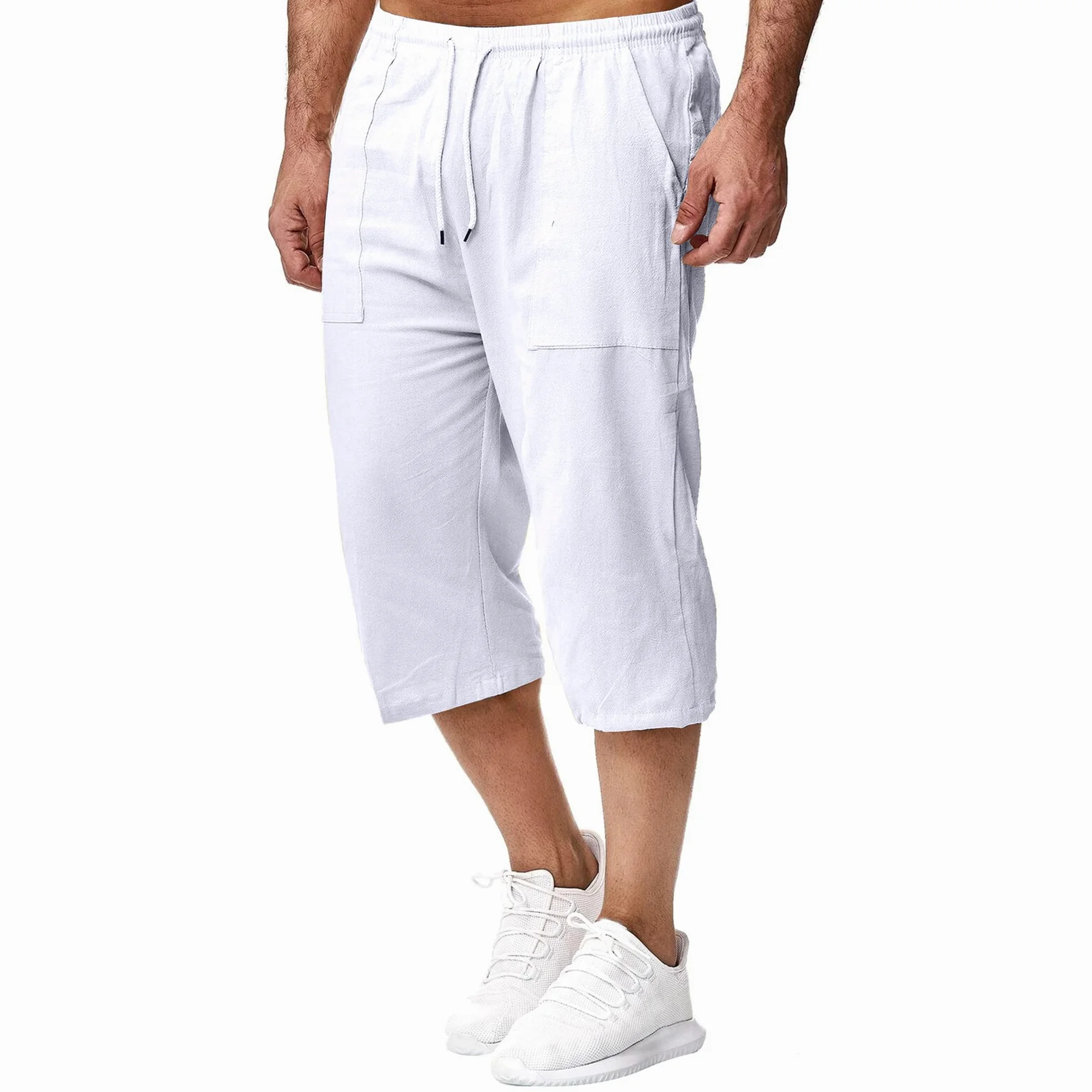 Męskie lniane szorty 3/4 długości spodnie letnie spodnie plażowe joga joggery codzienne spodnie dresowe