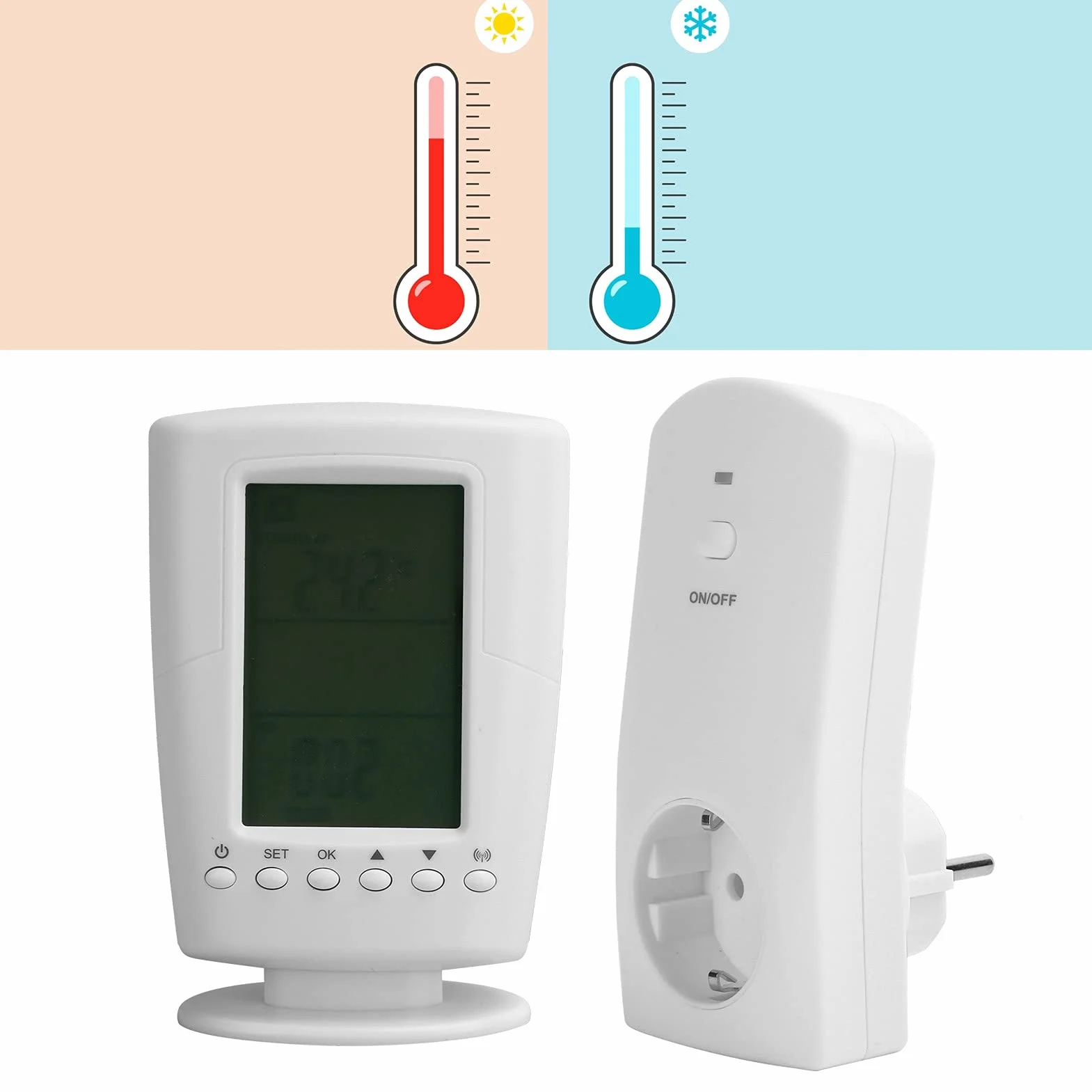 Gniazdo Termostatu, Regulator Temperatury LCD z Podświetlanym, Bezprzewodowym, Zdalnie Programowalnym Gniazdem Termostatu, 0-60℃ / 32‑140℉(Wtyczka EU 230V)