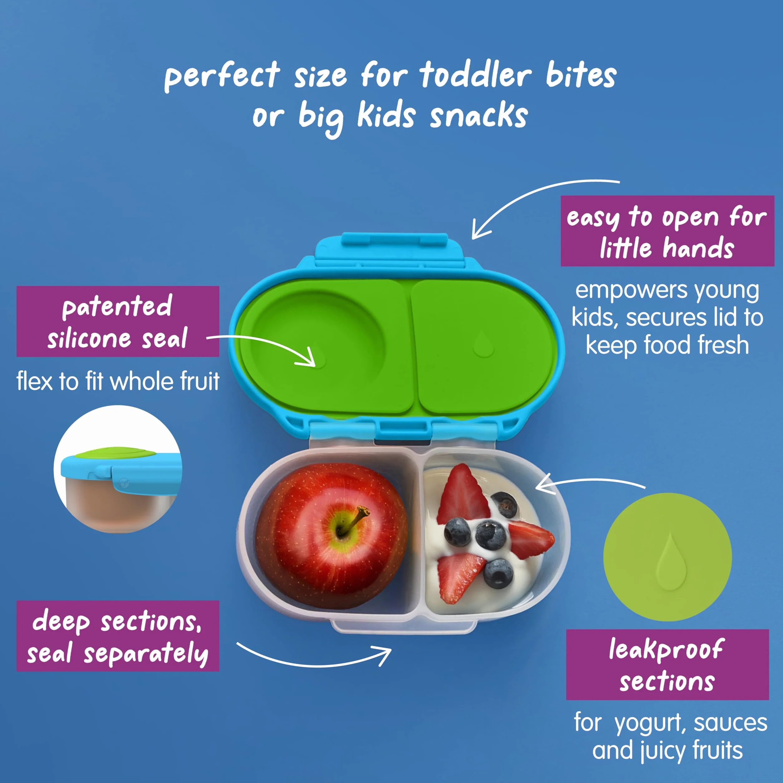 b.box Snackbox | Mini pudełko na lunch Bento z 2 szczelnymi przegródkami, idealne dla małych dzieci, na lunch i przekąski, pasuje do całego owocu, nie zawiera BPA, Ocean Breeze