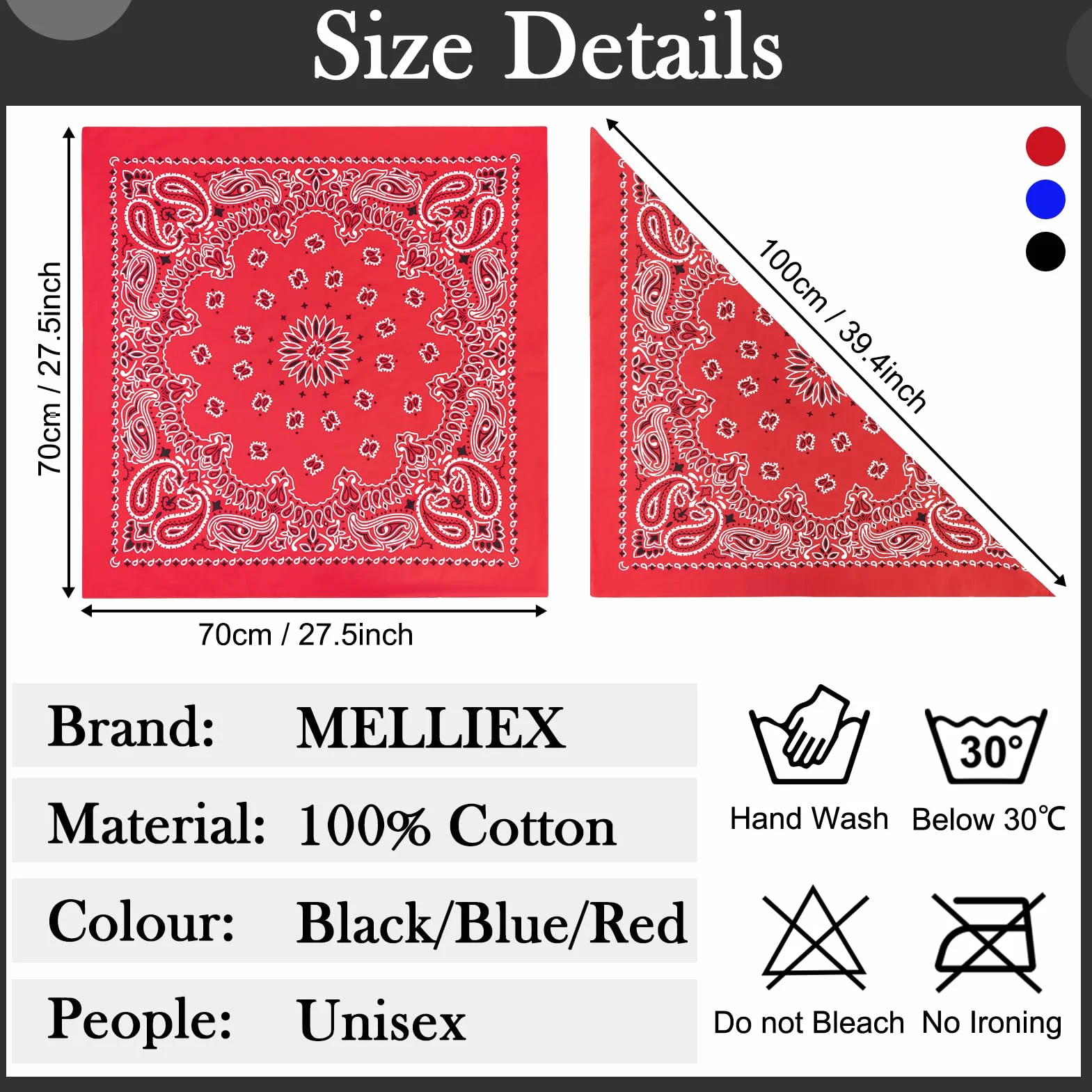 MELLIEX 2 szt. Bandana Mężczyzna Kobieta, Bawełna Paisley Chustka Głowa, Denim Szalik Na Szyję, 70 x 70 cm