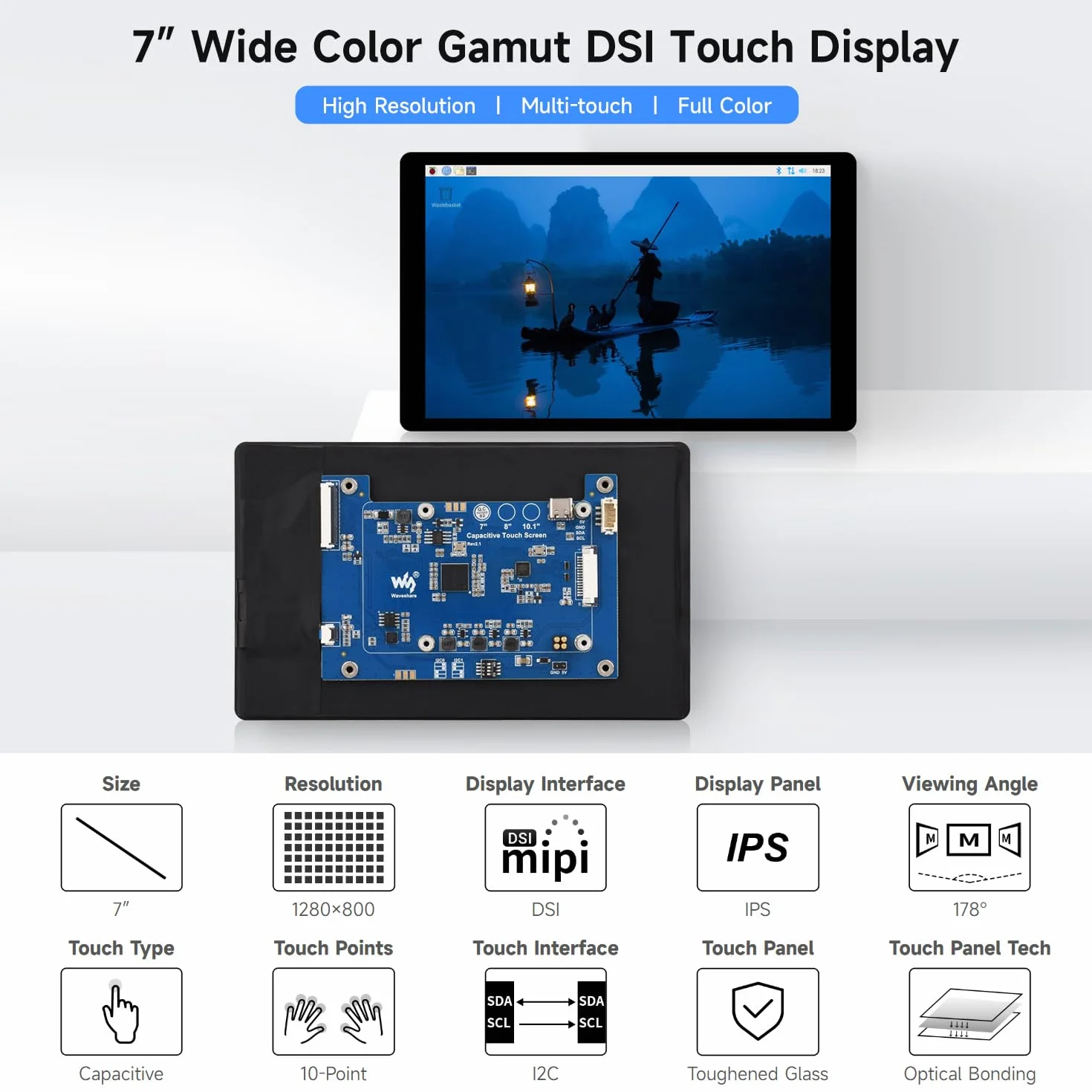 Waveshare 7inch DSI Capacitive Touch Display 2 for Raspberry Pi 5/4B/CM4 IO Board, 1280 x 800, 10-Point Touch, Higher Color Gamut, IPS, Optical Bonding Toughened Glass Panel, DSI Interface