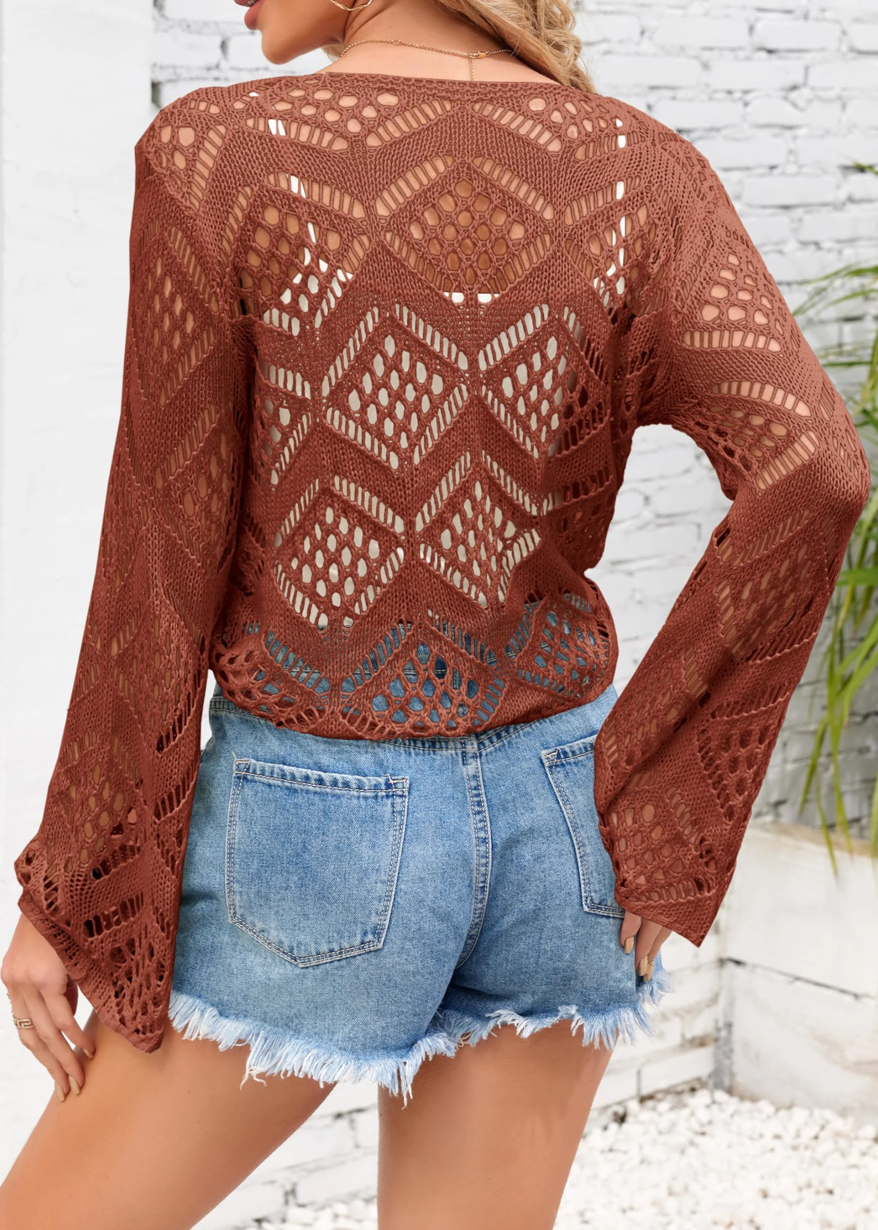 Saodimallsu Kurtka Damska Dzianinowa Dekolt V Styl Boho Oversize Długi Rękaw Seksowny Kardigan Plażowy