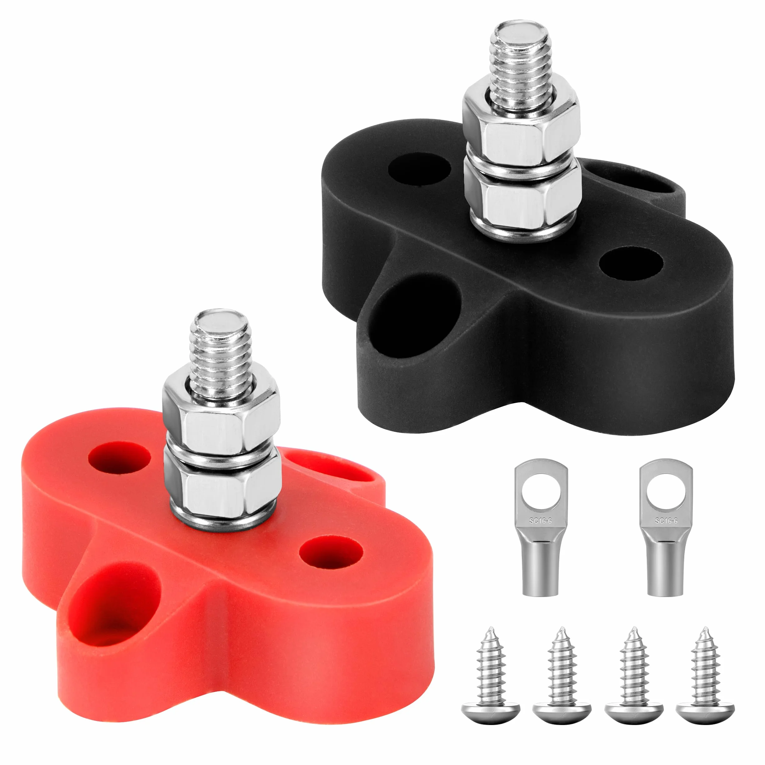 QIMEI-SHOP Bolce przyłączeniowe M6, bloki zacisków akumulatora 12 V-48 V, blok zaciskowy, szyna zbiorcza, do samochodu, kampera, łodzi, czarny i czerwony, 2 sztuki