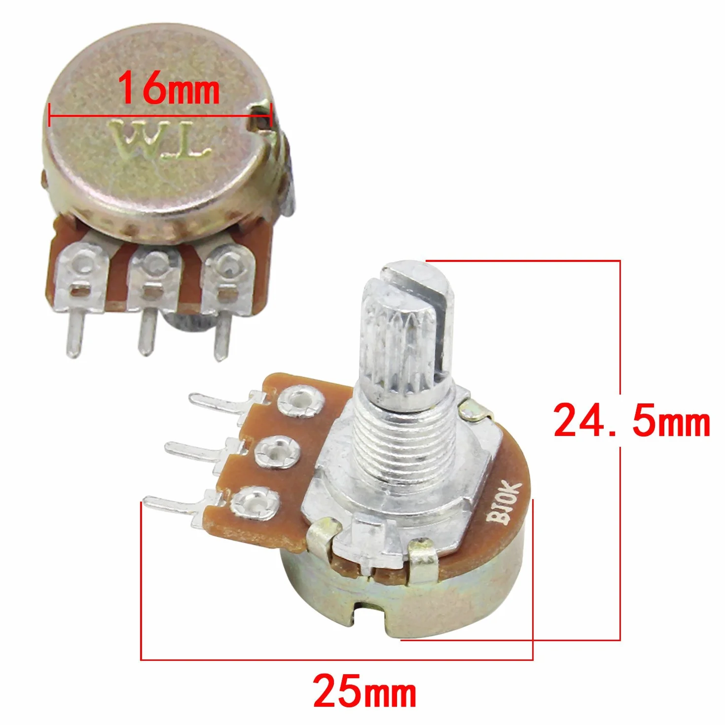 Aussel Termometr liniowy 10K OHM B10K, 3 zaciski, potencjometr obrotowy z nakrętkami i podkładkami, 5 sztuk (B10K-5PCS)