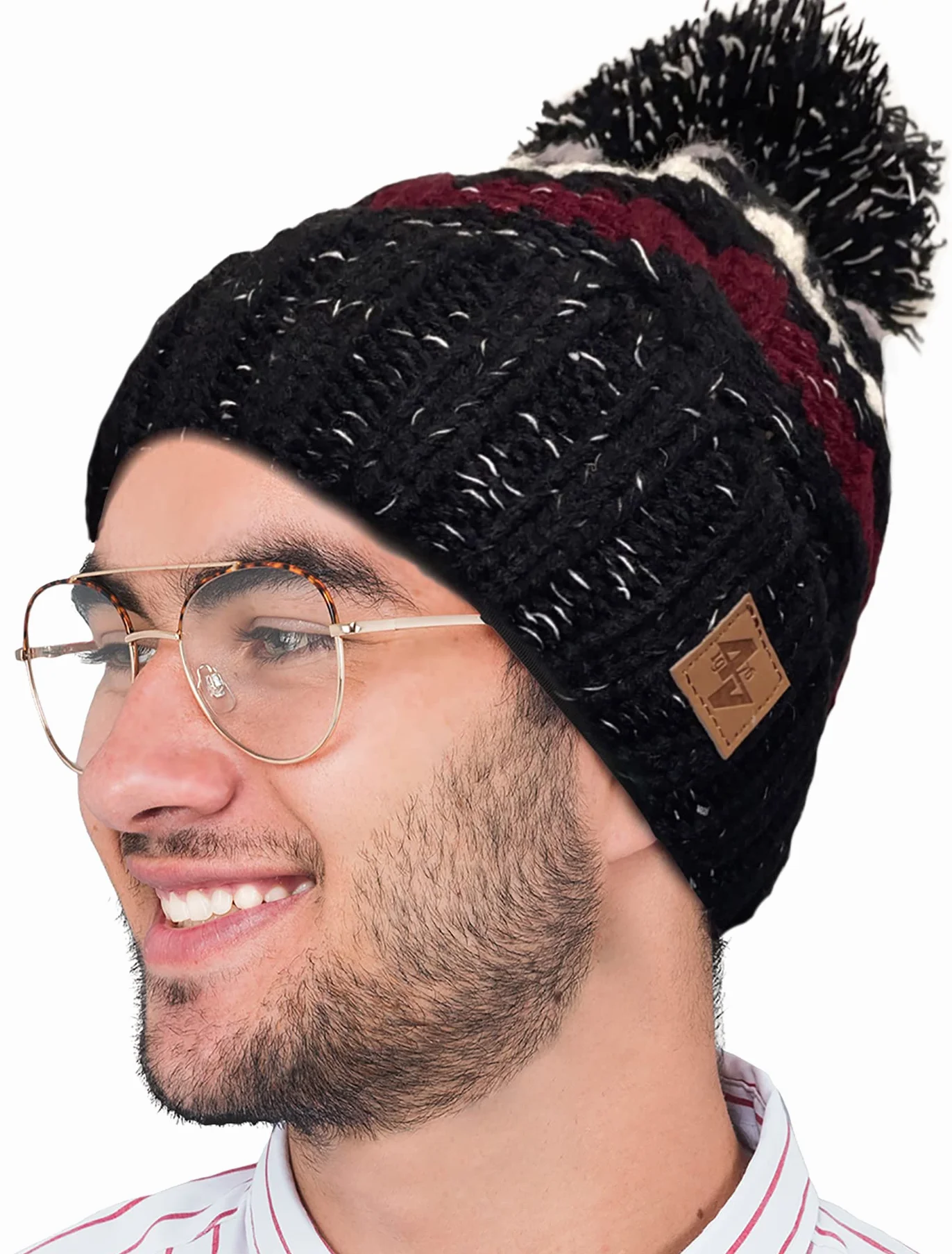 Marka 4sold Męska Damska czapka Dziergana z pomponem i podszewką polarową (Black)
