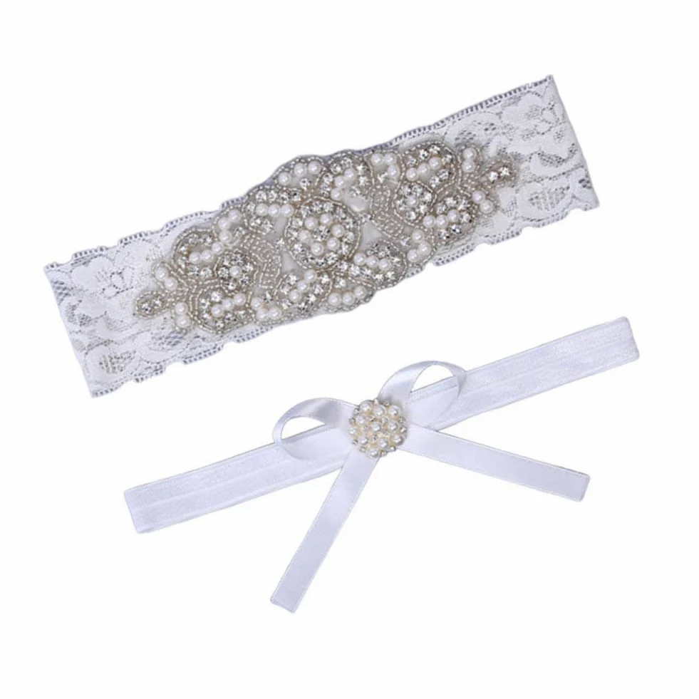 Pas 2 szt. Ślubne podwiązki koronkowe perły elastyczne Rhinestone ślubne pasy do pończoch ozdoby na nogi na ślub panny młodej
