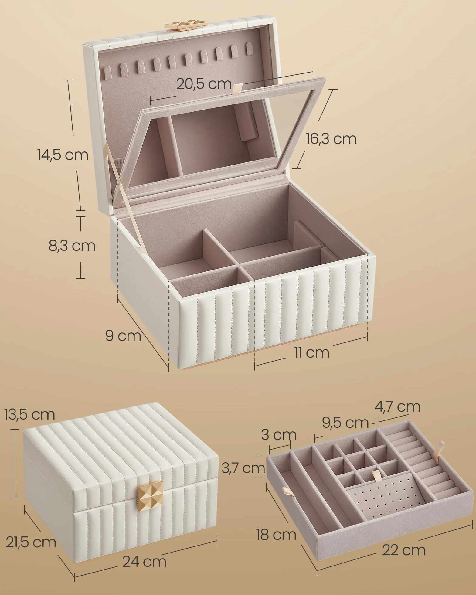SONGMICS HOME ANAH 2-poziomowa szkatułka na biżuterię z lustrem, organizer, wyjmowana tacka, PU, 21,5 x 24 x 13,5 cm