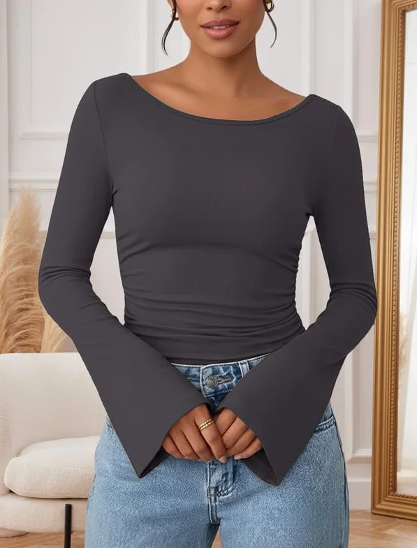 Elegancka damska koszulka z długim rękawem, dekolt w łódkę, z rękawami z dzwoneczkami, wąski top Y2K, basic, luźny sweter, slim fit, długi rękaw, jednokolorowa, z długim rękawem, na jesień