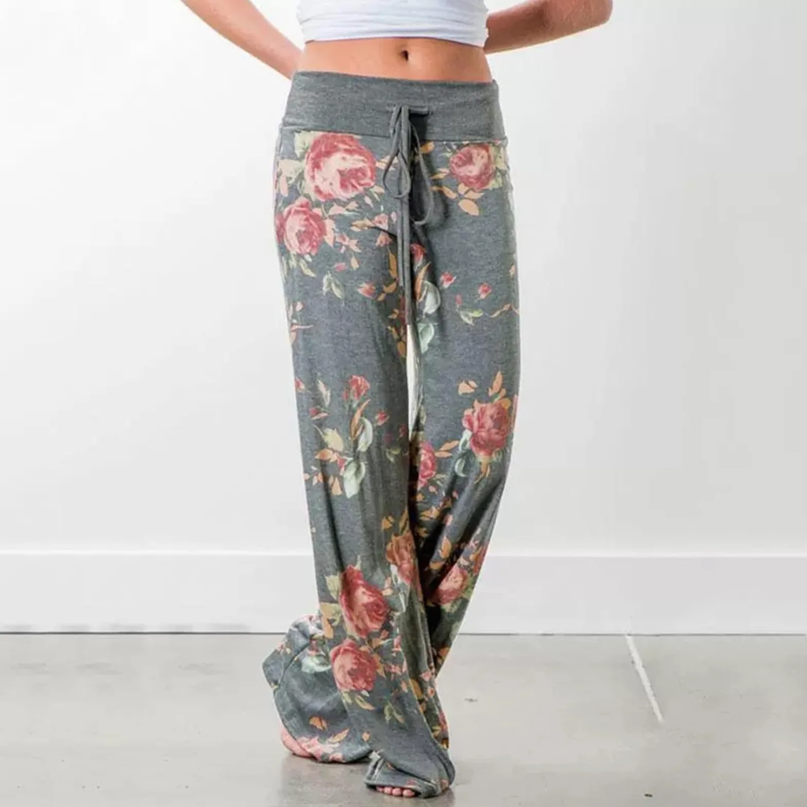 AMYTIS LINGERIE Damskie spodnie do jogi, spodnie piżamowe, miękkie spodnie piżamowe, spodnie fitness, długie, rozciągliwe, ze ściągaczem, spodnie rekreacyjne, spodnie plażowe, szerokie nogawki