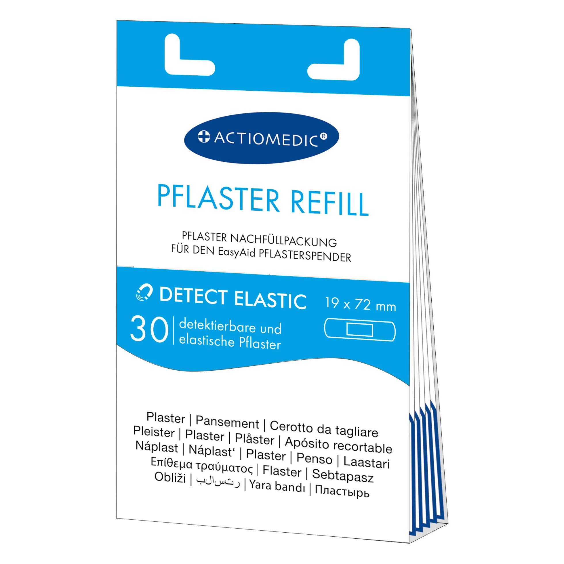 ACTIOMEDIC I DETECT ELASTIC Zestaw uzupełniający wykrywalnych plastrów, 30 sztuk, Dla przemysłu spożywczego, Kompatybilny z dozownikiem plastrów EasyAid, Hipoalergiczne, elastyczne bandaże, Niebieski