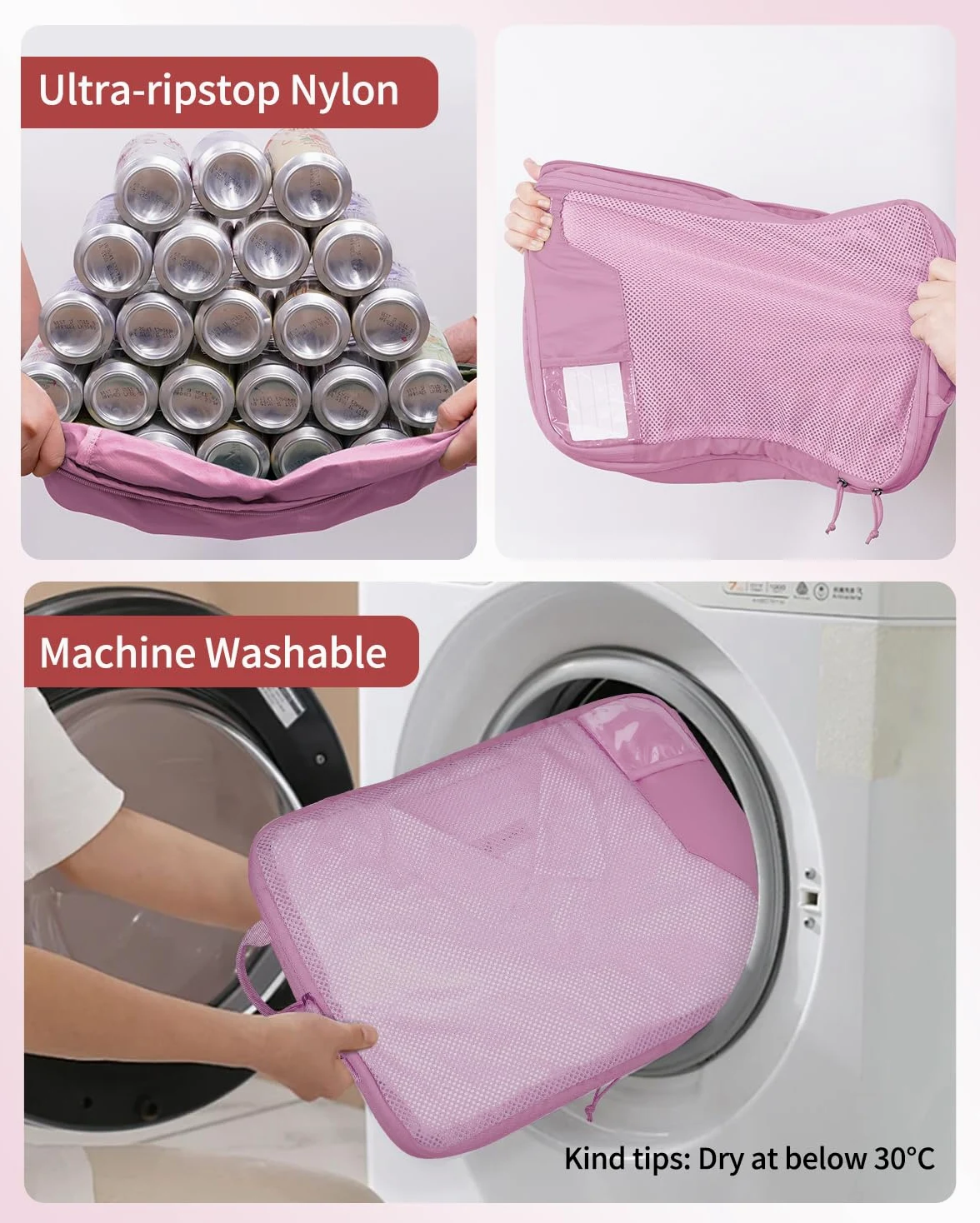 ECOHUB Kompresyjne Kostki do Pakowania 4 szt., Organizer do Walizki z ID Tag, Ekologiczne Packing Cubes, Wytrzymałe Torby Podróżne z Siatką, System Oszczędzający Miejsce(Różowy)
