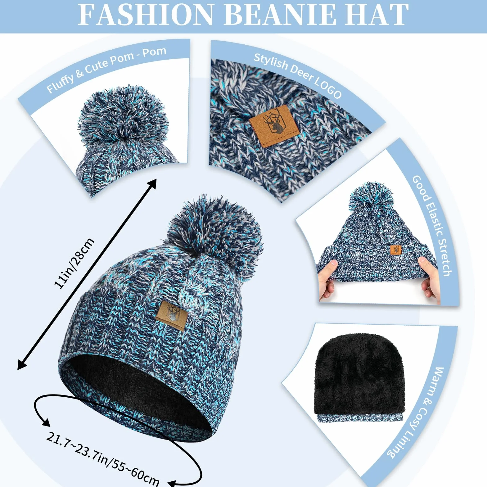 Guantes de la bufanda del sombrero de las mujeres Beanie Calentador de cuello largo Bufanda y guantes de pantalla táctil térmica Set 3 PCS Invierno Pom Cap Set Unisex Melange de punto Lago Azul