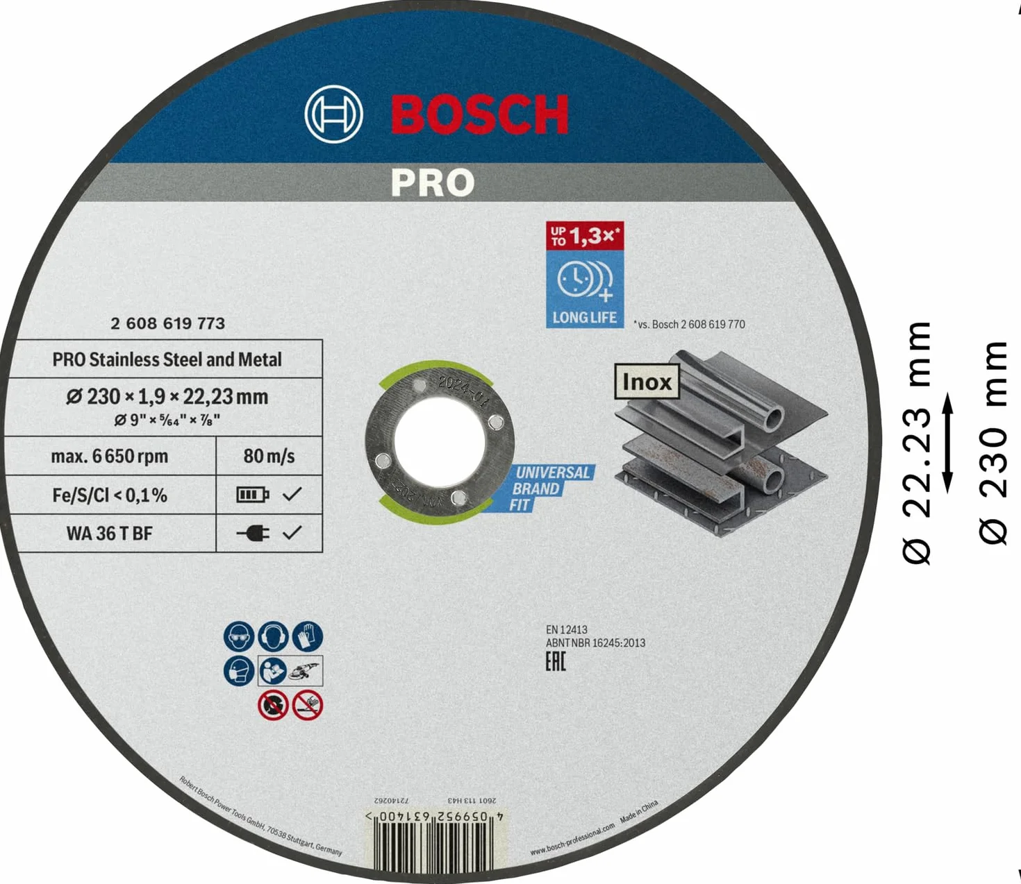 Bosch Professional 1 x standardowa tarcza do cięcia Inox (do stali nierdzewnej, Ø 230 x 1,9 x 22,23 mm, prosta, akcesoria do szlifierek kątowych)