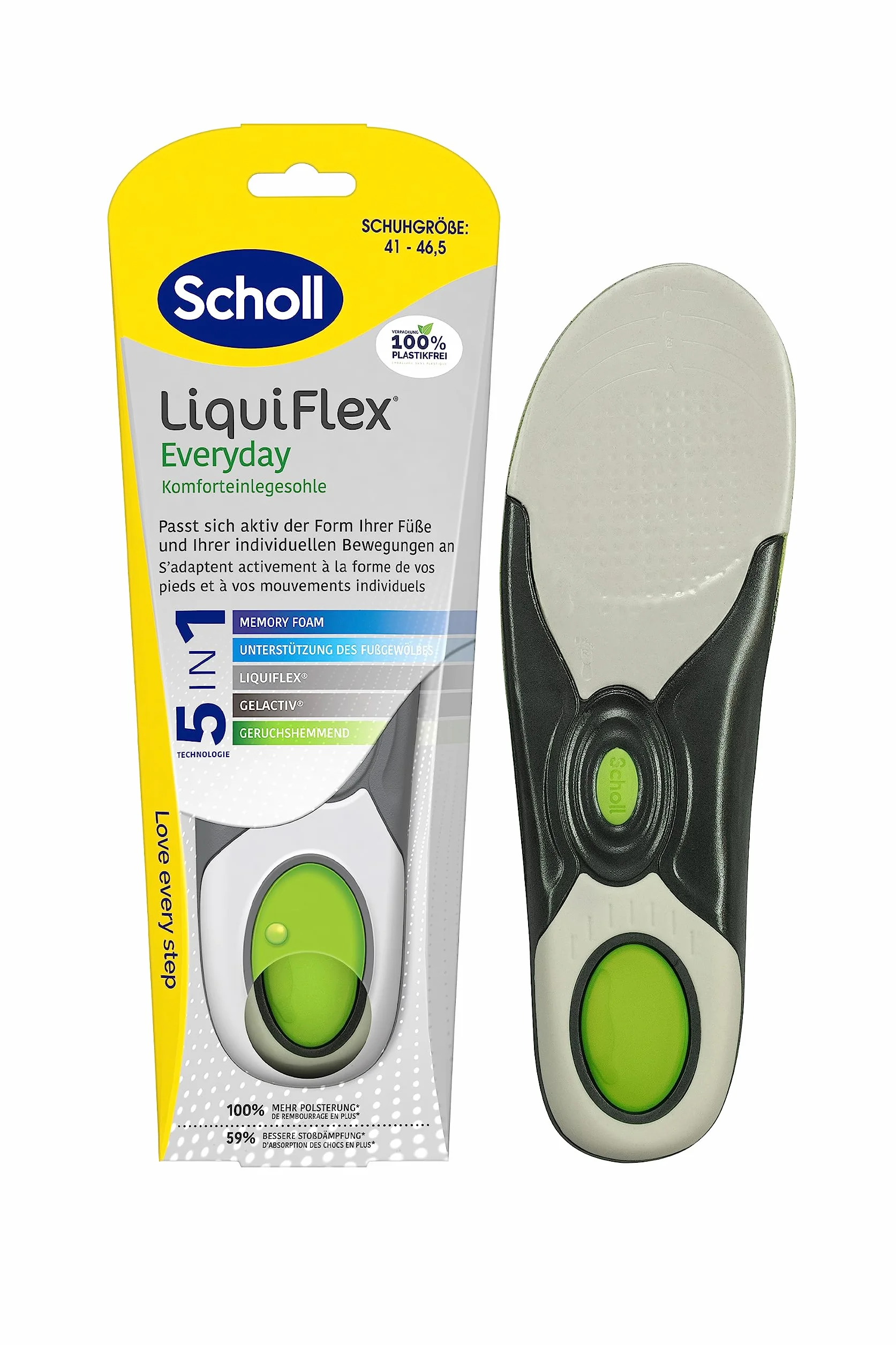 Scholl Komfortowe wkładki LiquiFlex Everyday L, więcej wyściółki dzięki piance Memory Foam i wsparciu łuku stopy, 1 x 2 sztuki