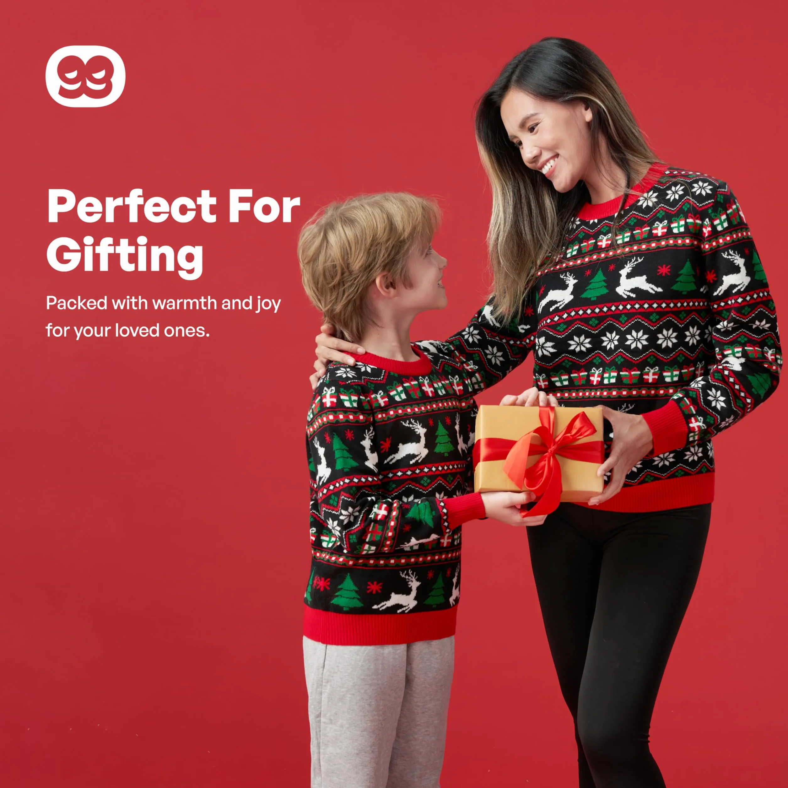Giggling Getup Dopasowany rodzinny sweter bożonarodzeniowy, słodki świąteczny sweter z długim rękawem, czarny brzydki sweter bożonarodzeniowy