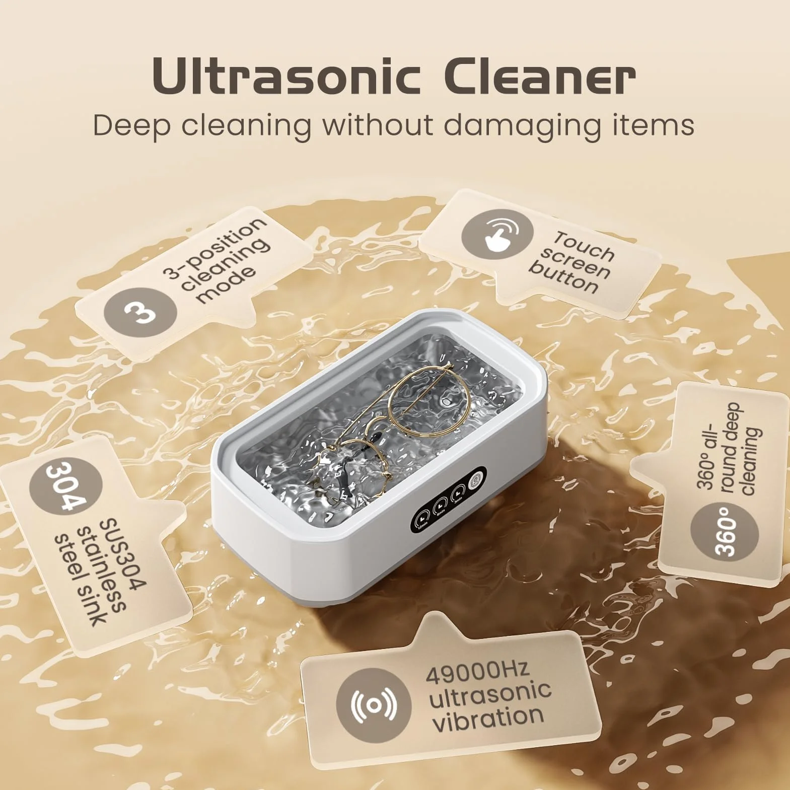 GlasFlength Ultrasoniczne urządzenie do czyszczenia, 49 kHz, 640 ml, duża pojemność 40 W, urządzenie do czyszczenia okularów, ultradźwiękowe urządzenie z 3 trybami, ultradźwiękowe urządzenie do