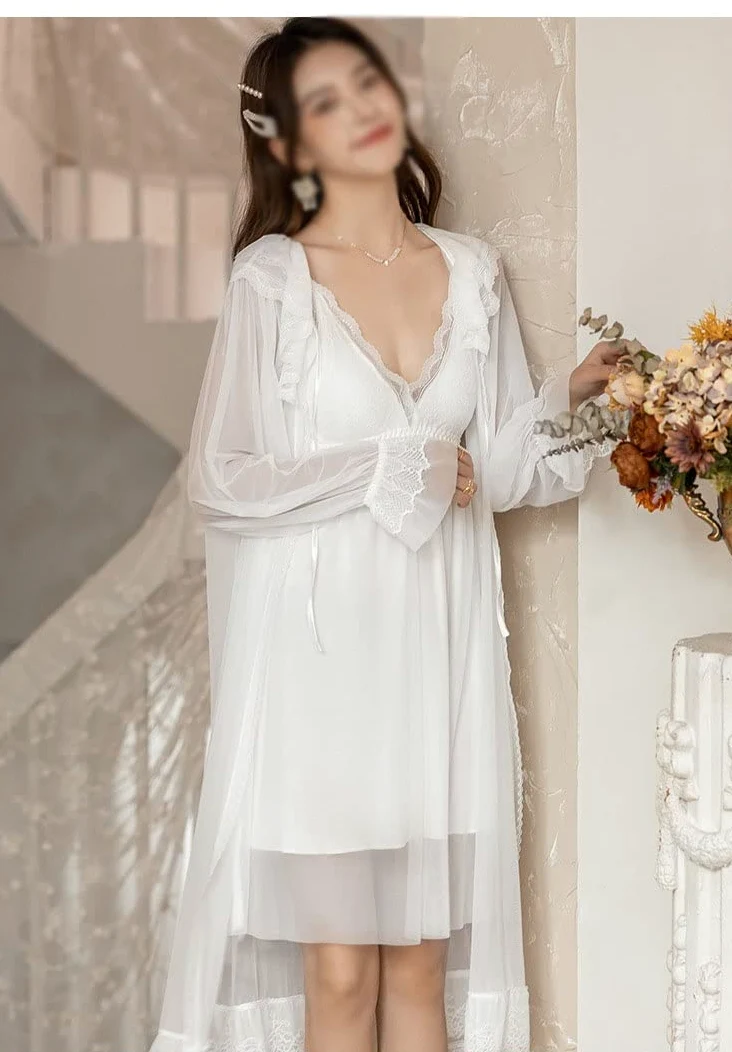 Romantyczne koszule nocne komplety koronkowe szlafroki damskie jesienne siatkowe długie szlafroki dla panny młodej sukienka wieczorowa koszulka nocna elegancka bielizna nocna (biała w jednym