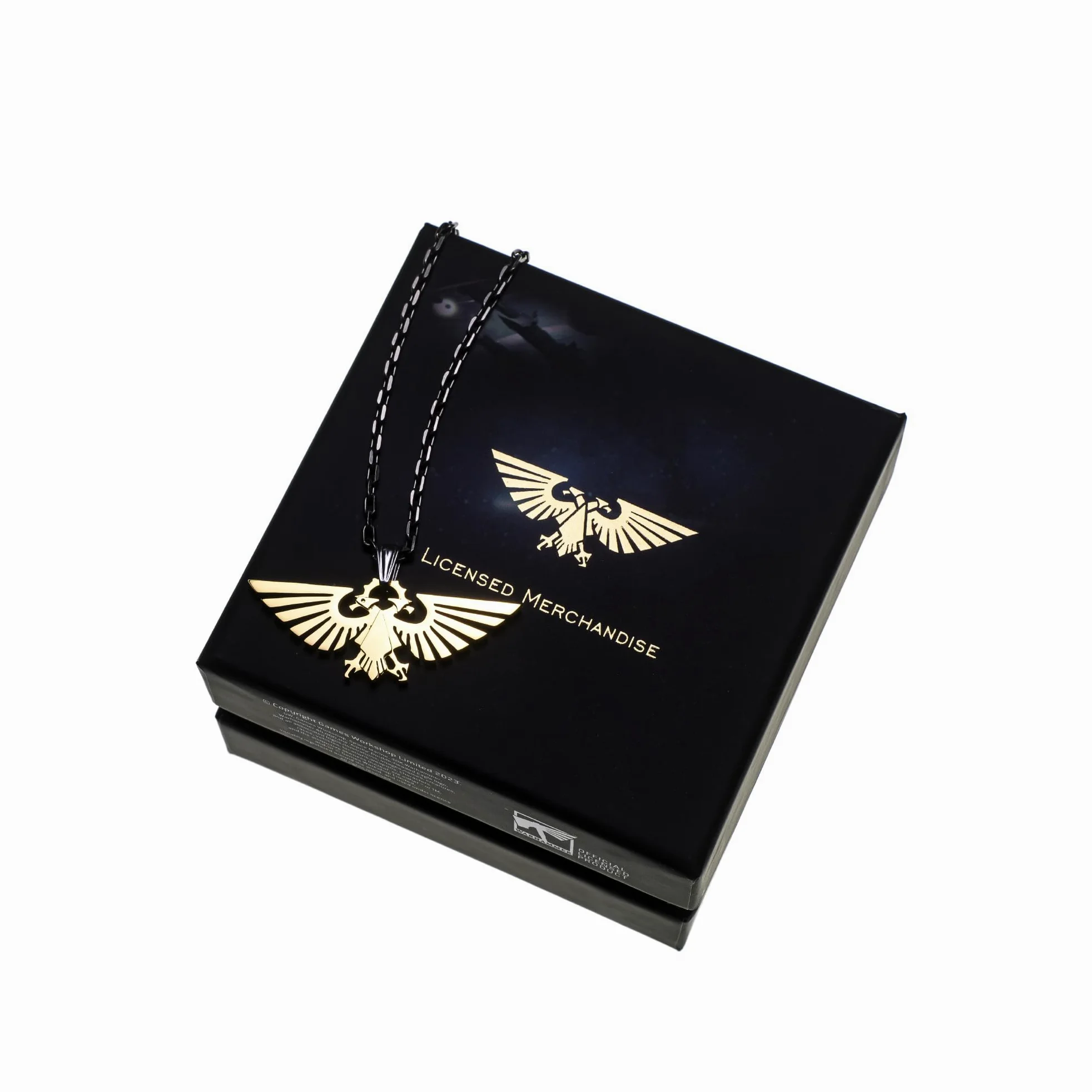Starforged Warhammer 40000 Imperial Aquila WH40 męski pozłacany naszyjnik ze stali nierdzewnej, 19 mm x 45,5 mm, 6 g, łańcuszek 600 mm