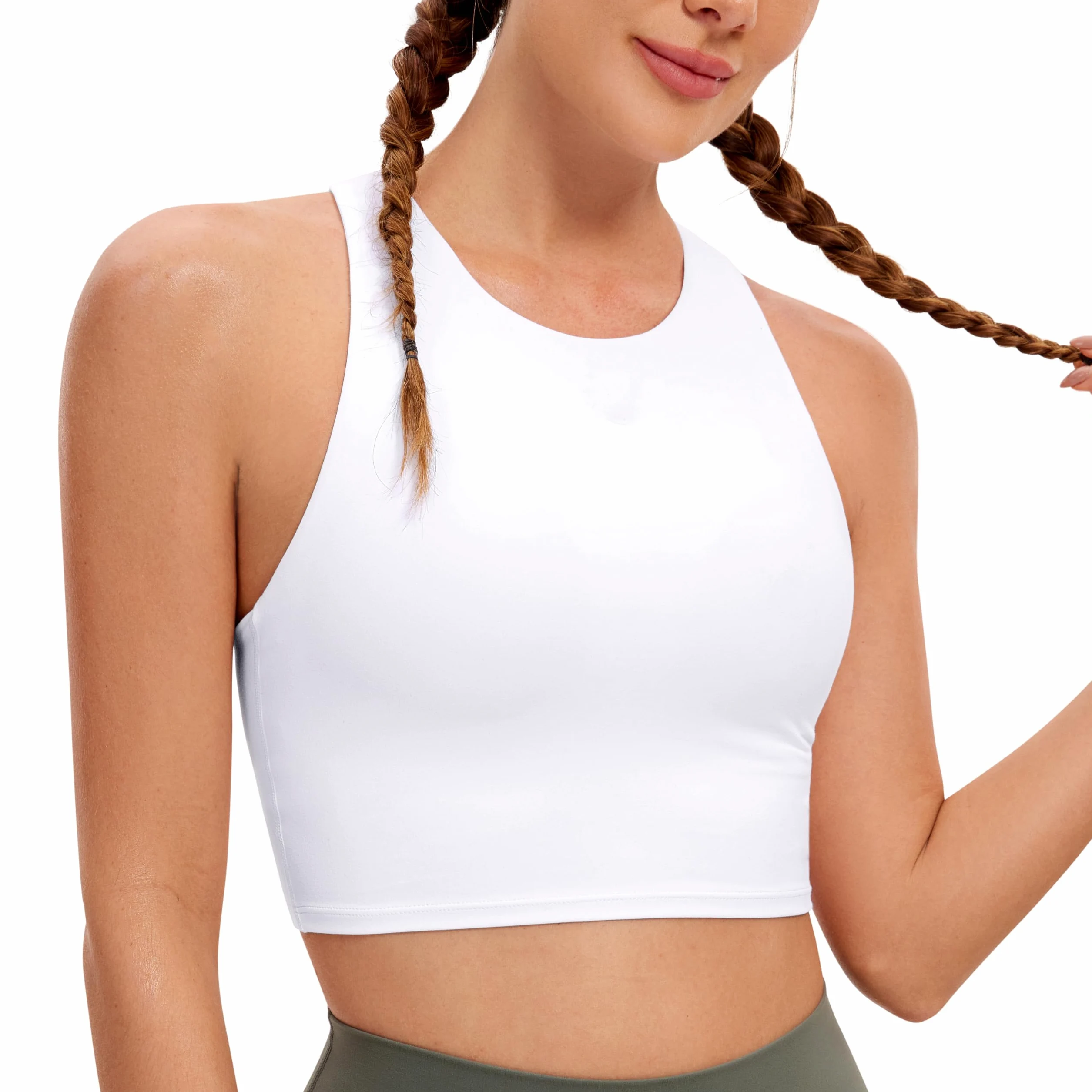 CRZ YOGA Damski biustonosz sportowy Butterluxe Racer Back Padded - koszulka treningowa z wysokim dekoltem i wbudowanym biustonoszem