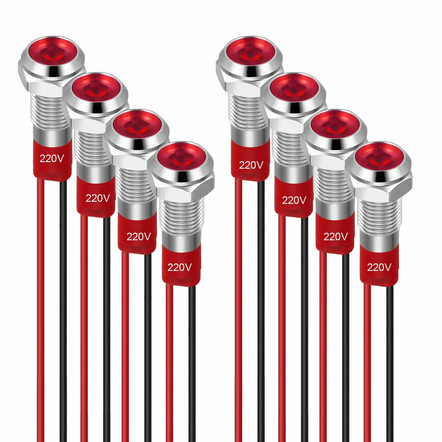 GUUZI 8szt 6mm Wskaźnik LED 220-230V Wodoodporny Sygnał świetlny Metalowy Panel Wskaźnik LED Wskaźnik świetlny Panel Mocujący Płaska Głowica z Przewodami Srebrna Powłoka (Czerwony)