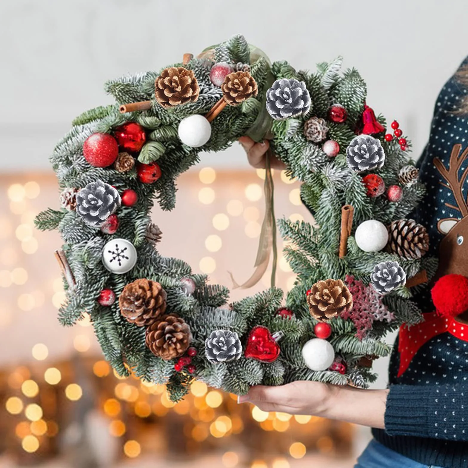 Bekecidi 36 sztuk świątecznych szyszek sosnowych, naturalne mini szyszki, Boże Narodzenie, szyszki śnieżne, ozdoby do dekoracji wnętrz, jesienne i świąteczne rękodzieła (złote + srebrne)