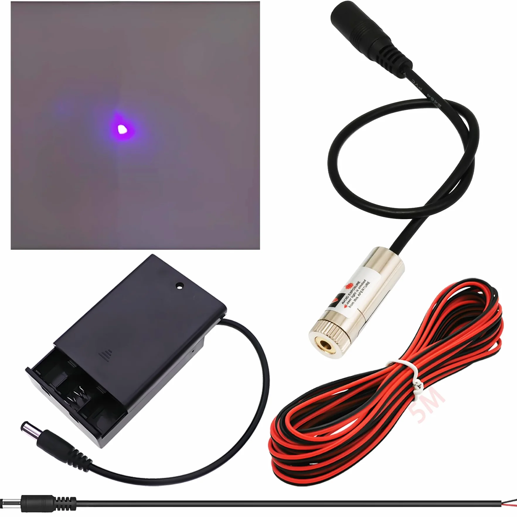 CTRICALVER Kit de módulo láser de foco ajustable, Diodo de módulo láser industrial de 405 nm, 3-5V, Conector DC de 2,1 mm + Kit de fuente de alimentación (Forma de la fuente de luz: Punto morado)