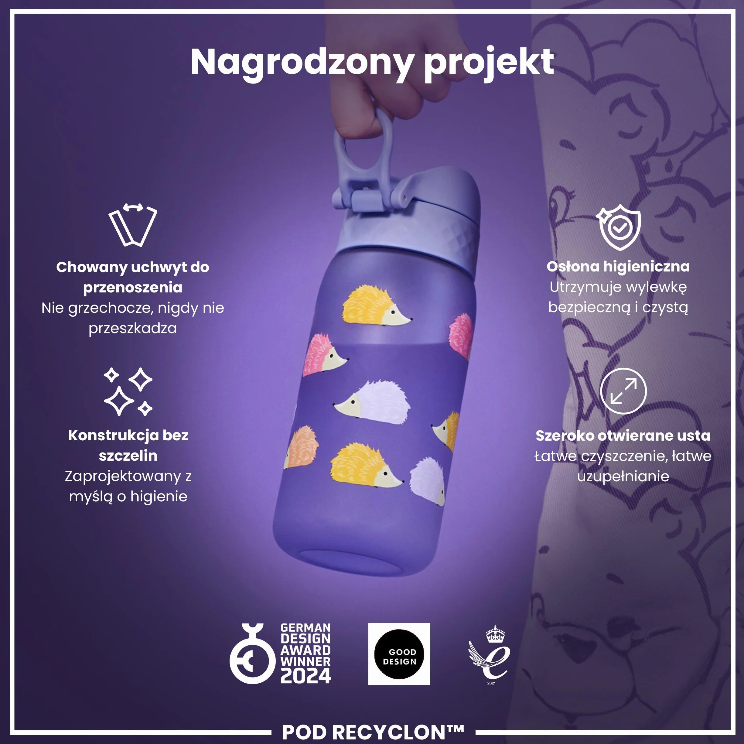 ION8 Butelka dla Dzieci, 350 ml/12 oz, Szczelna, Łatwa do Otwarcia, Bezpieczny Zamek, Można Myć w Zmywarce, Bez BPA, Uchwyt do Przenoszenia, Łatwa do Czyszczenia, Bezwonny, Jeże