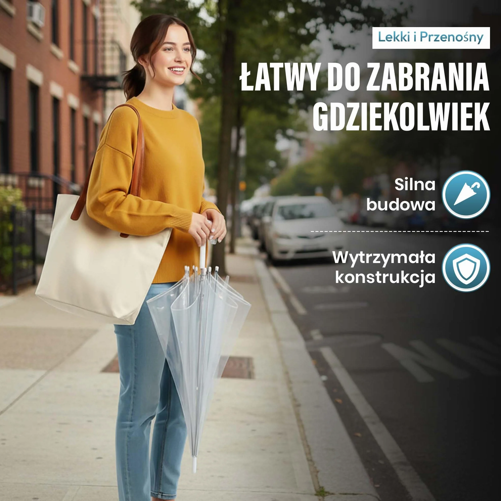 Parasol przezroczysty biała laska Ø 100-130 cm elegancki