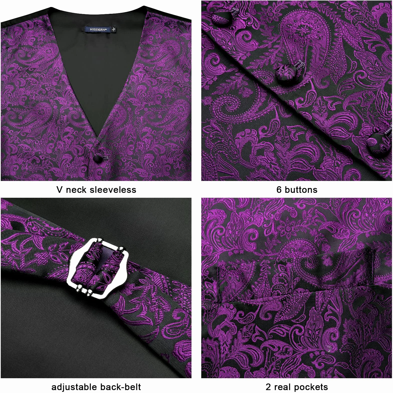 HISDERN Męska kamizelka paisley kwiecista żakardowa zestaw XS-6XL Fioletowy