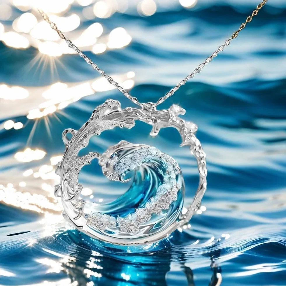 Naszyjnik z przysięgą oceanu, naszyjnik z wisiorkiem w kształcie fali, elegancki niebieski fala plażowa inspirujący wisiorek, regulowany naszyjnik z falą oceaniczną / pierścionek / kolczyk