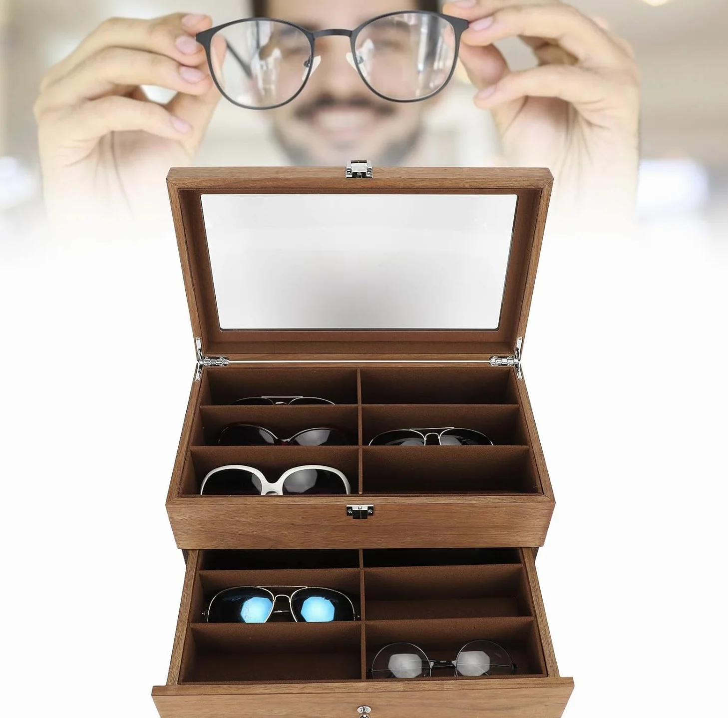Drewniany organizer na okulary przeciwsłoneczne, warstwowe etui na okulary, pudełko do przechowywania okularów retro ze szklaną pokrywką i szufladą dla kobiet mężczyzn