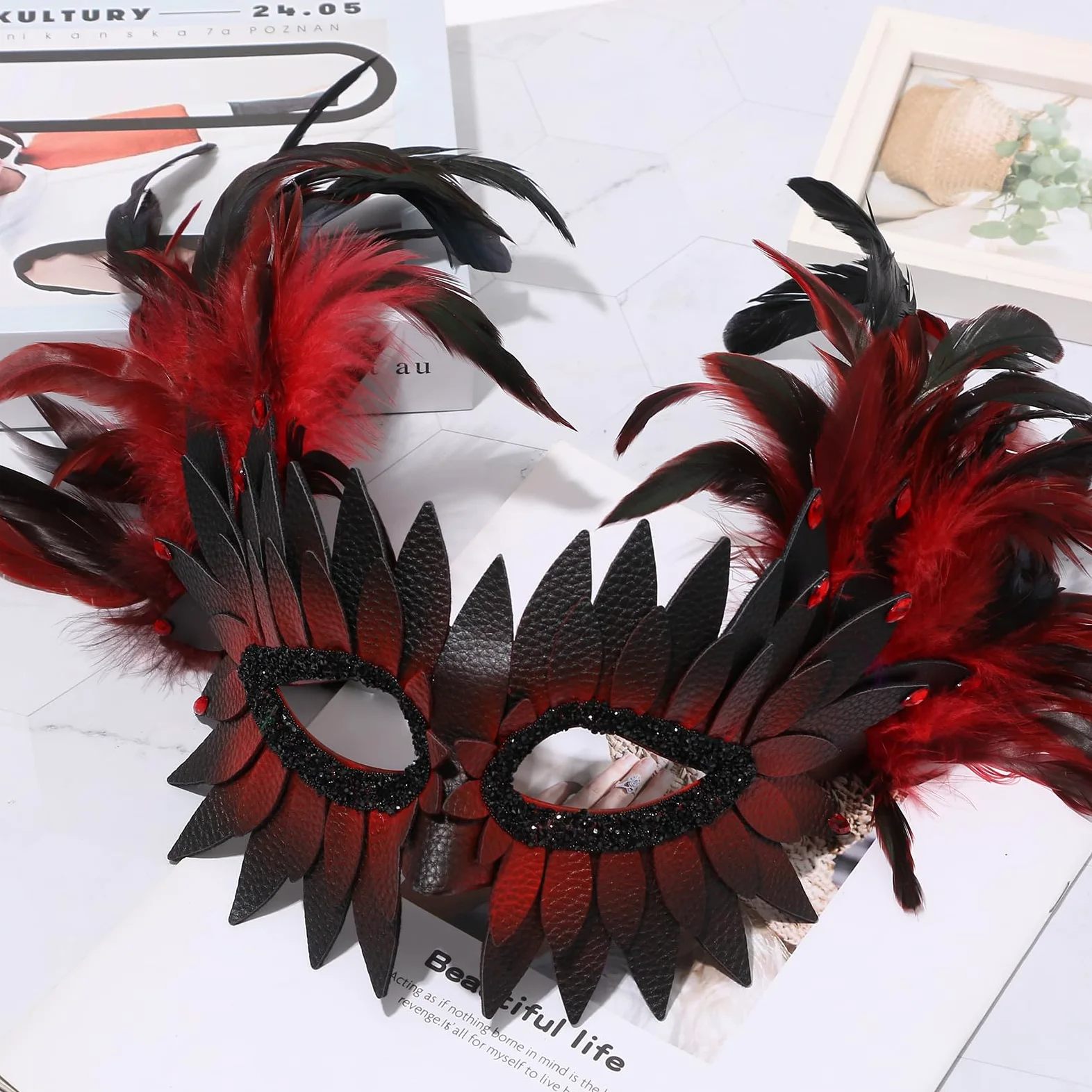 JewelryWe Maska wenecka dla mężczyzn i kobiet, gotycka, skóra PU, sowy, półmaska z piórami/strasem, maska maskowa, maska zwierzęca, maska ptaka, kostium na imprezę tematyczną, karnawał, Halloween