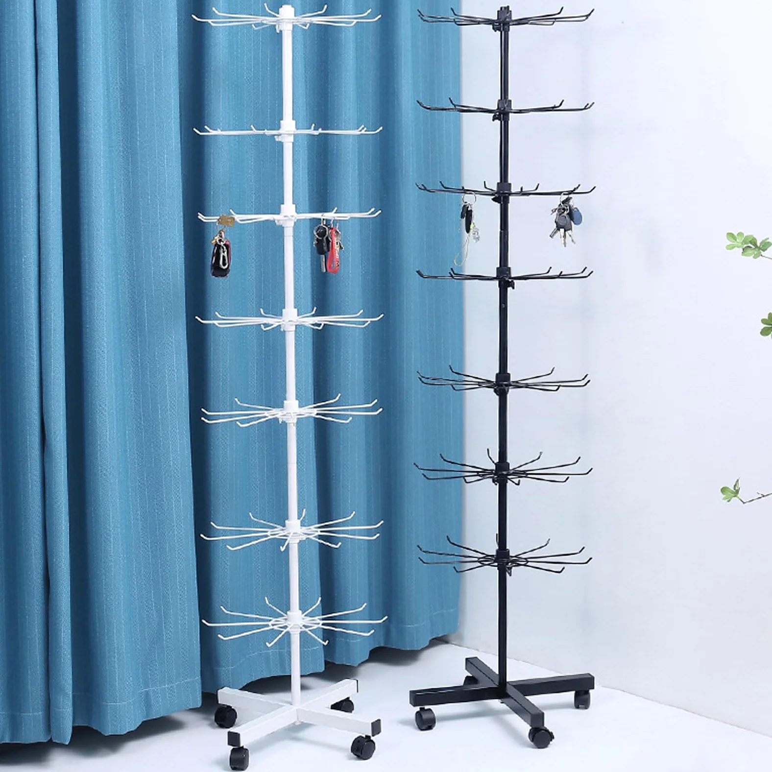 Stojak sprzedażowy, obrotowy, 7-stopniowy, Ø 40 cm, wys. 160 cm, stojak na ekspozycję z haczykiem, stojak na biżuterię, stojak na haczyki, na łańcuszek, szale, skarpety, pocztówki (biały)