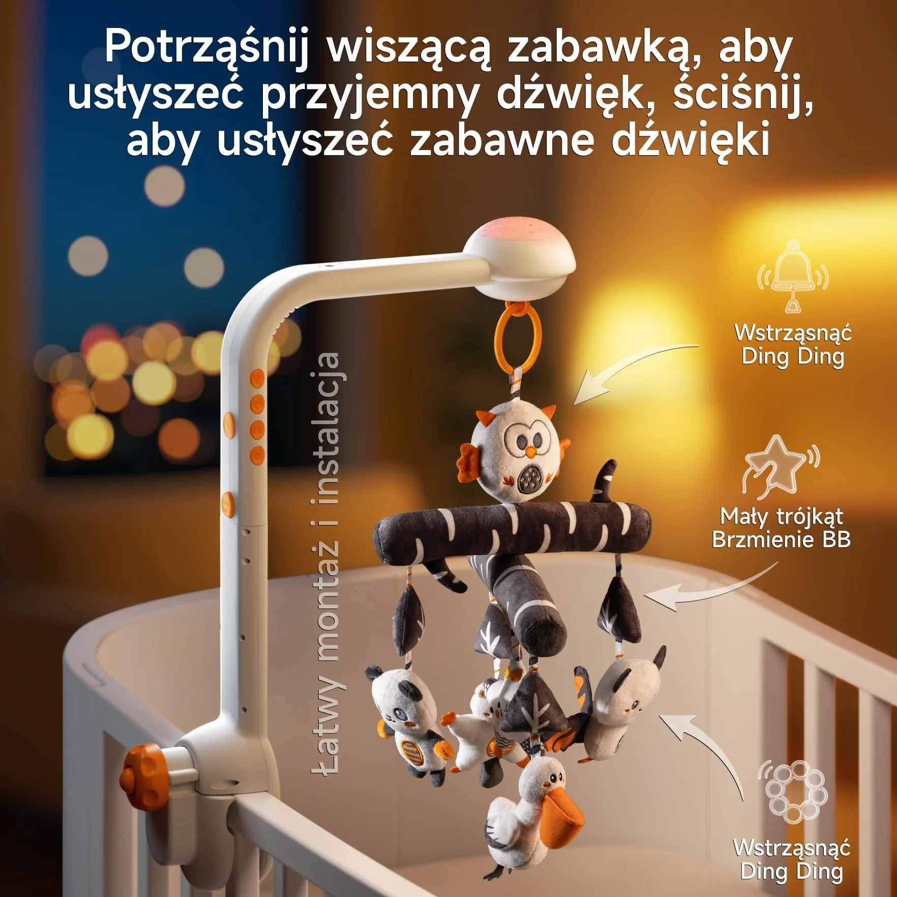 TUMAMA Baby Mobile łóżeczko dziecięce z muzyką, 3 w 1 mobilne dla dzieci do łóżka z światłem projekcyjnym, rotacja, muzyka zegar zabawki, obrotowe i wyjmowane uchwytowe akcesoria od 0 2 3 6 9 miesięcy