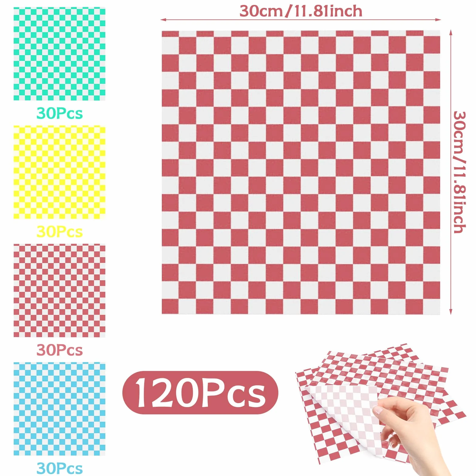 120 arkuszy tłustego papieru do pakowania żywności, 30 x 30 cm, jednorazowy papier odporny na tłuszcz, nieprzywierający, woskowany, do ciast, kanapek, burgerów