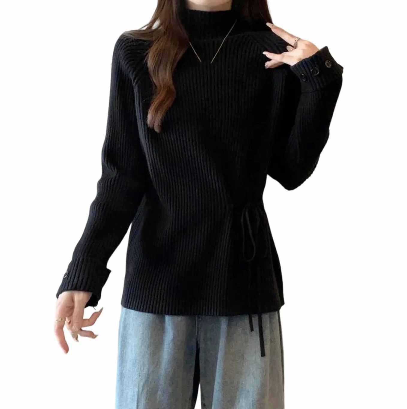 Sweter Damski Z Dzianiny, Z Półwysokim Dekoltem, Sznurowany, Z Długim Rękawem, Luźny, Swobodny, W Stylu Koreańskim-Black-Medium
