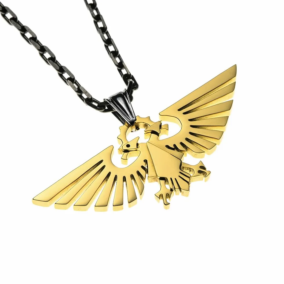 Starforged Warhammer 40000 Imperial Aquila WH40 męski pozłacany naszyjnik ze stali nierdzewnej, 19 mm x 45,5 mm, 6 g, łańcuszek 600 mm