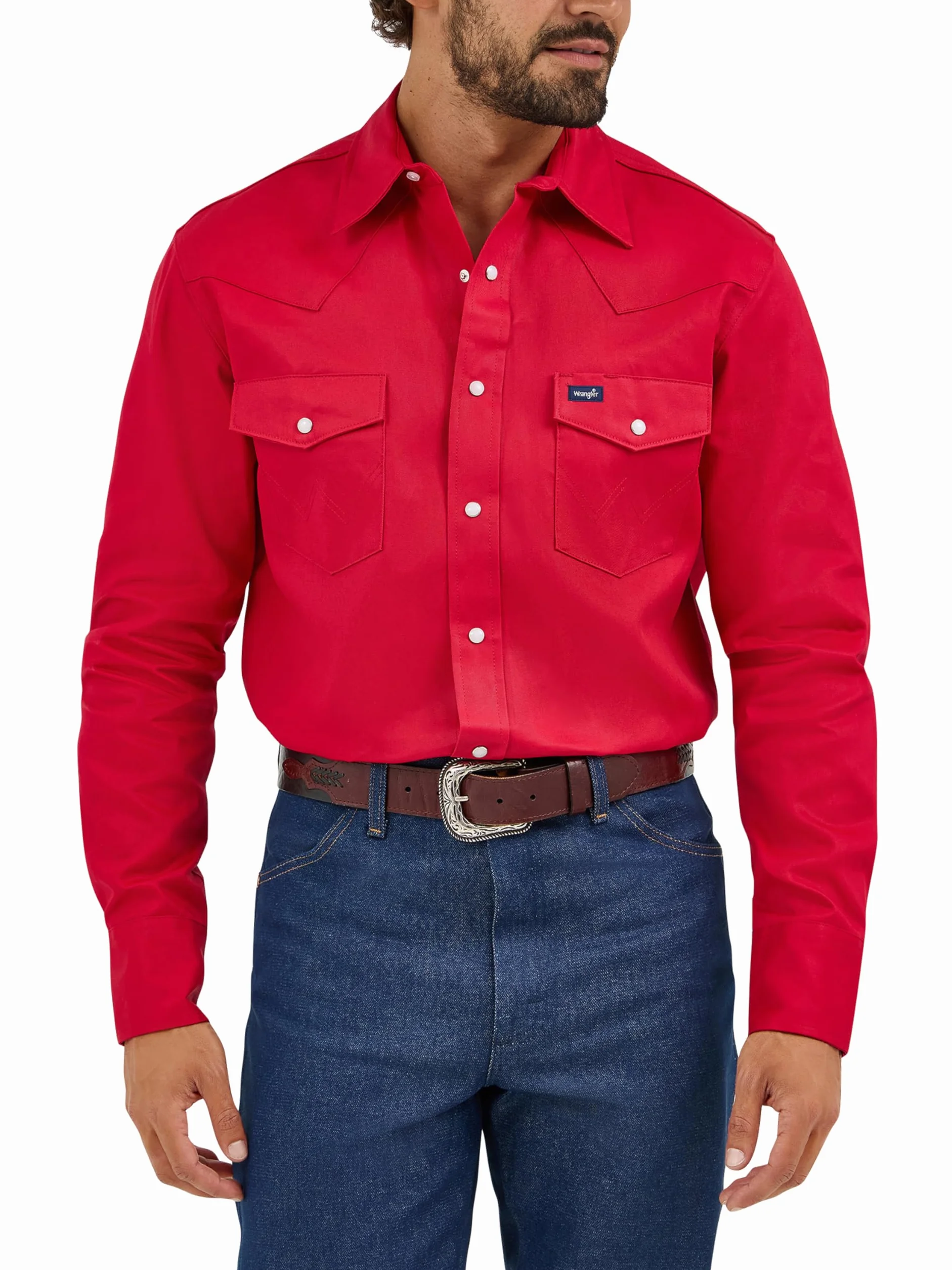 Wrangler Kowbojska koszula z długim rękawem z dwiema kieszeniami, zapięcie na zatrzask, solidna powierzchnia Mężczyźni Cowboy Cut Western Long Sleeve Snap Work Shirt Firm Finish