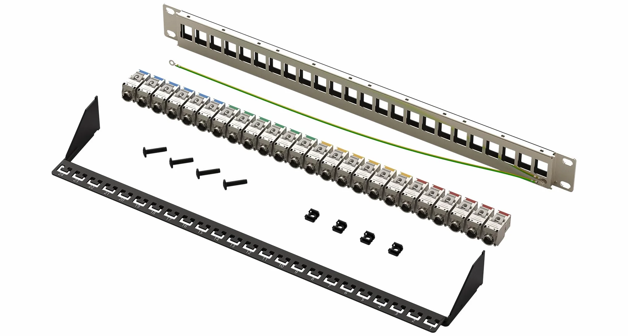 FGB Panel krosowy 10 Gbps 24 porty CAT7 24 x kolorowe moduły Cat7 Keystone, 19" montaż w stelażu RJ45 LAN Sieć 600 MHz kabel instalacyjny do przełączników sieciowych Gigabit