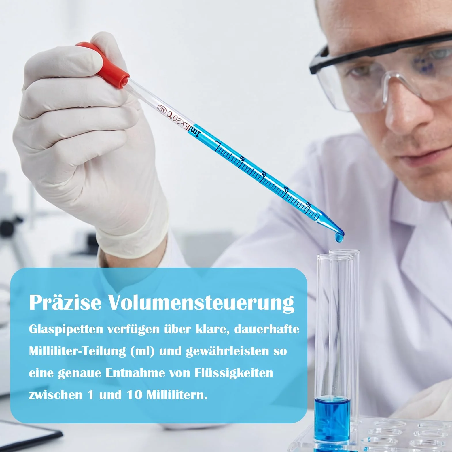 Zestaw pipety szklanych, pipeta szklana ze skalą, pipeta szklana, 10 ml, 5 ml, 2 ml, 1 ml, do laboratorium, żywności, zastosowań badawczych i medycznych, z 2 szczotkami do kropli