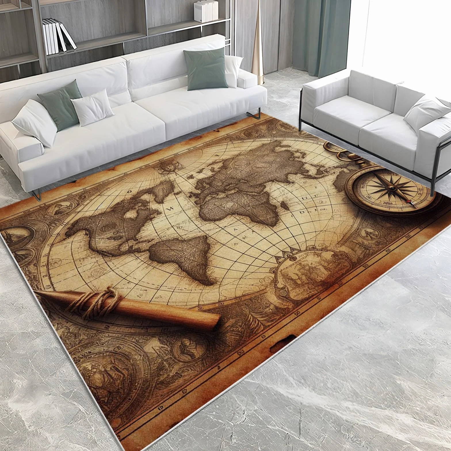 Dywanik, mapa świata, brązowy, 140 x 200 cm, nowoczesny, antypoślizgowy, puszysty dywan, do salonu, sypialni, pokoju dziecięcego