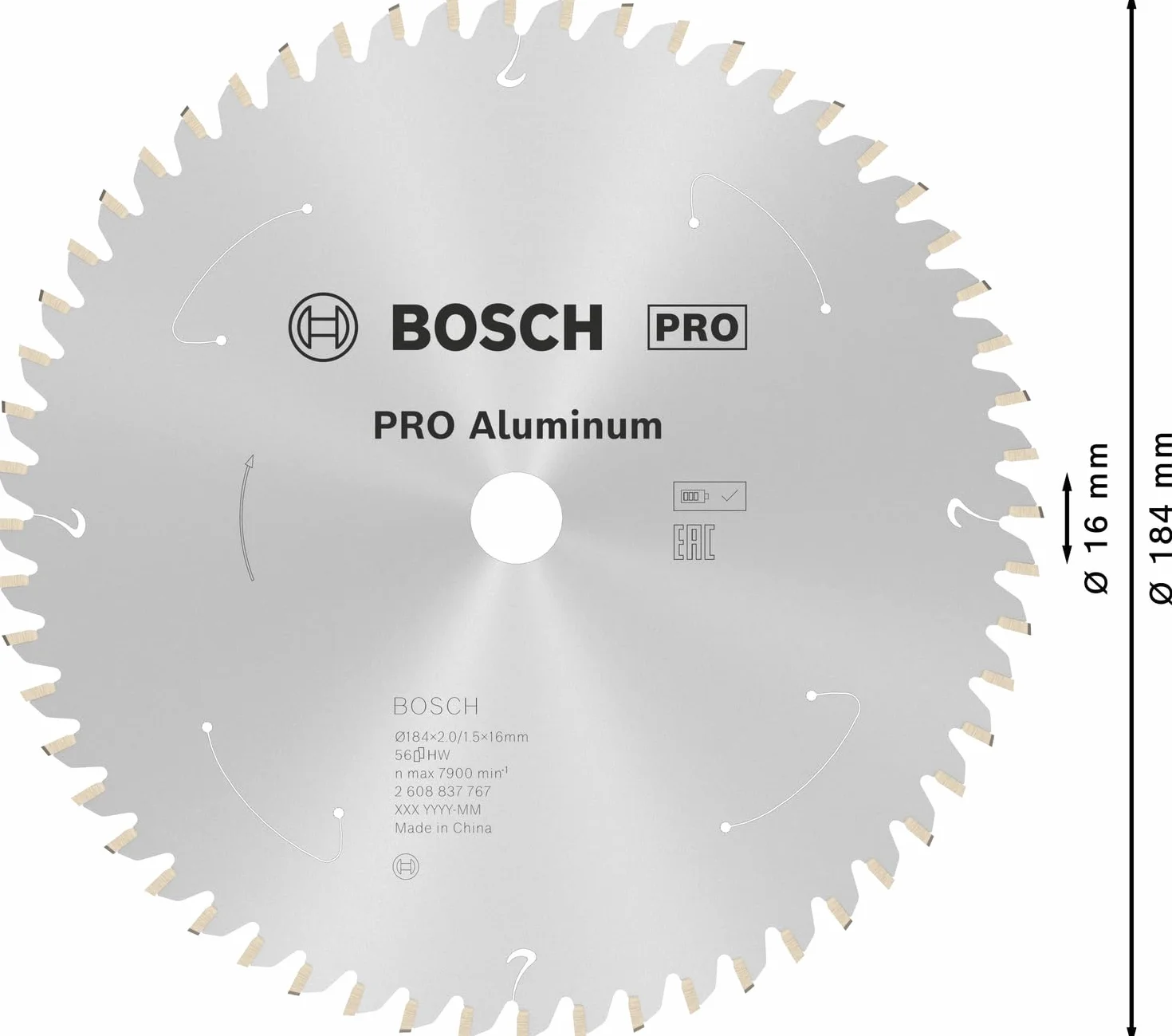 Bosch Professional Piła Tarczowa Standard for Aluminium, do Aluminium, 184 x 16 x 2 mm, 56 Zęby, Akcesoria do Piły Tarczowej