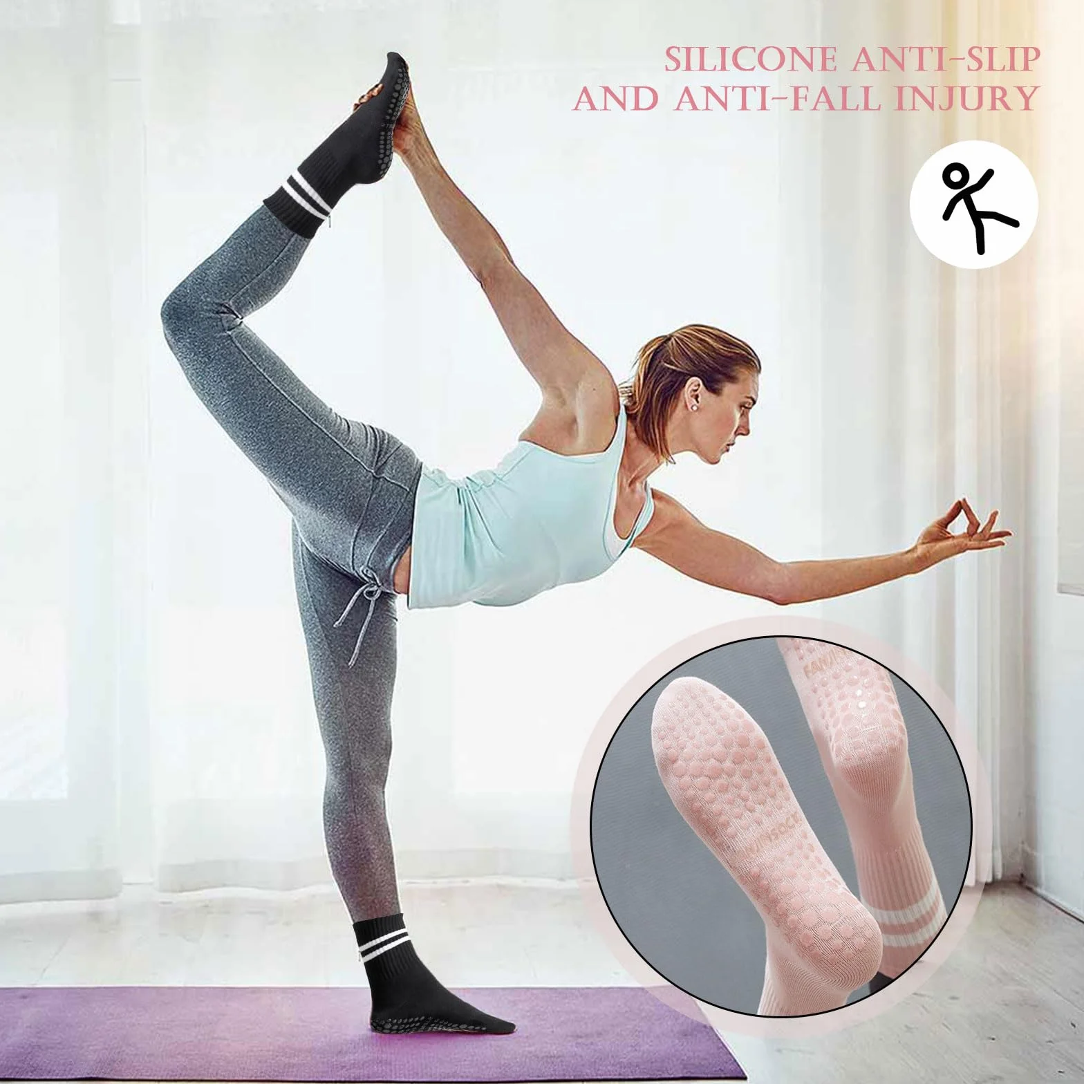 TSHAOUN 3 pary skarpet do jogi antypoślizgowe skarpety, pilates skarpetki antypoślizgowe, skarpetki do jogi damskie pięć palców sportowe skarpety do baletu, fitness