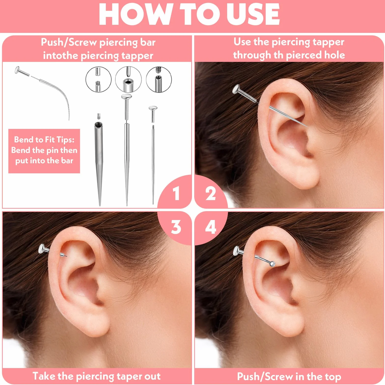Zestaw 18 sztuk igieł do piercingu, zestaw do przekłuwania uszu, stal chirurgiczna, stal nierdzewna, do wsuwania tragus, helix, wargi, nosa, chrząstki