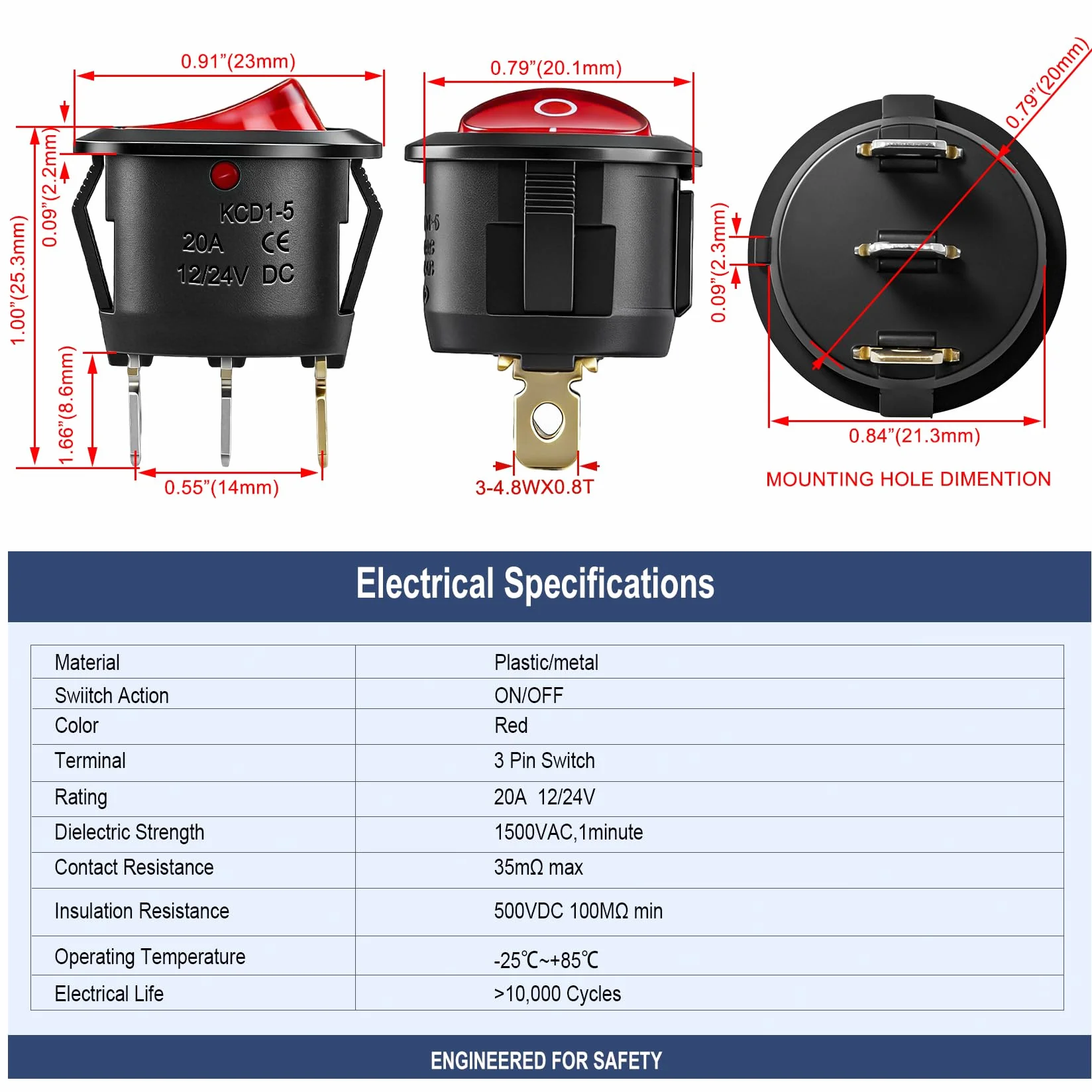 Heschen okrągły przełącznik kołyskowy ON-OFF SPST 3 zaciski 24 V czerwone światło 6 A 250 V AC 5 szt.