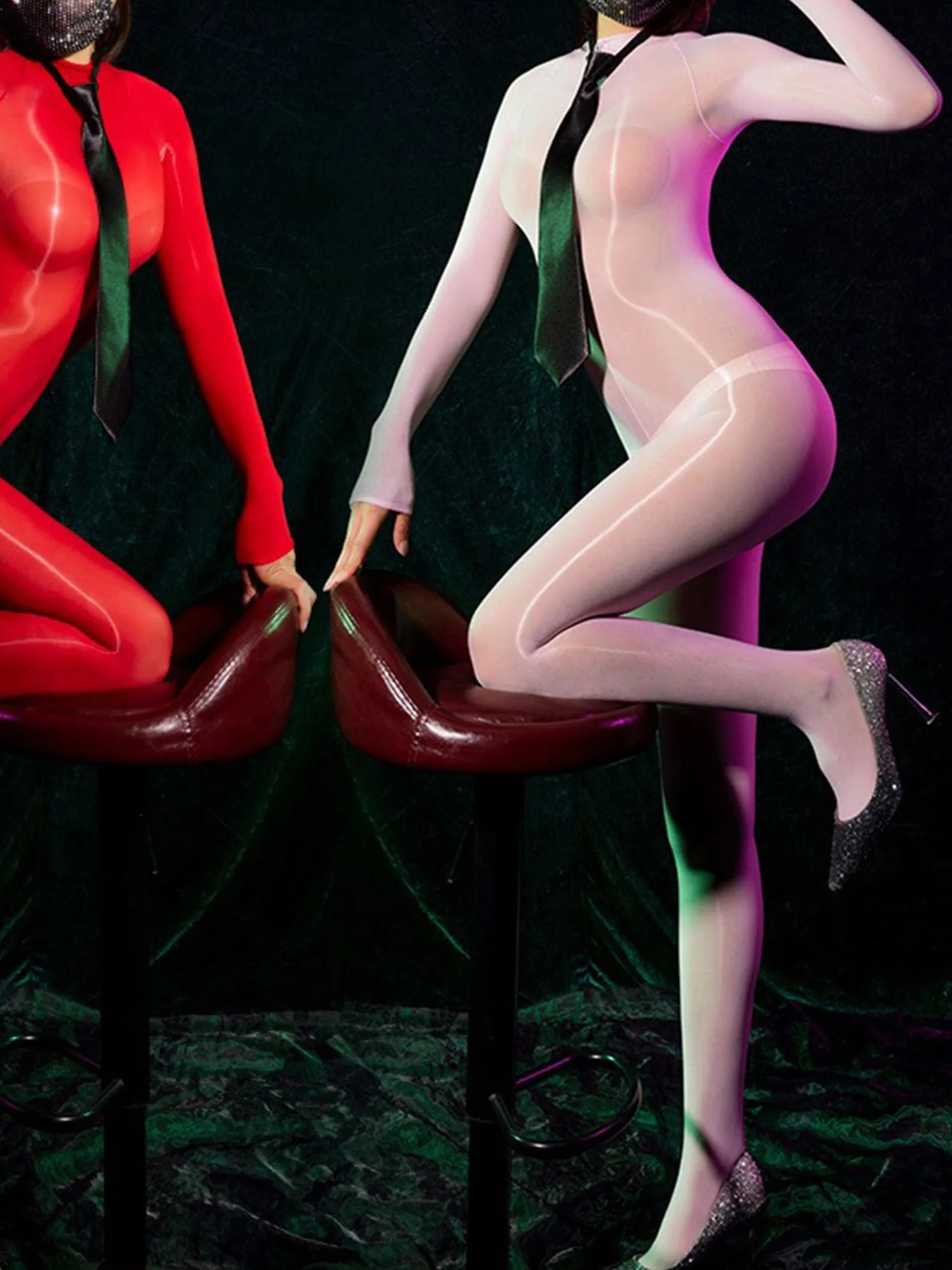 HTRUIYATY Damskie błyszczące rajstopy z długim rękawem, rajstopy na całe ciało, jedwabisty, otwarty krok, Bodystocking