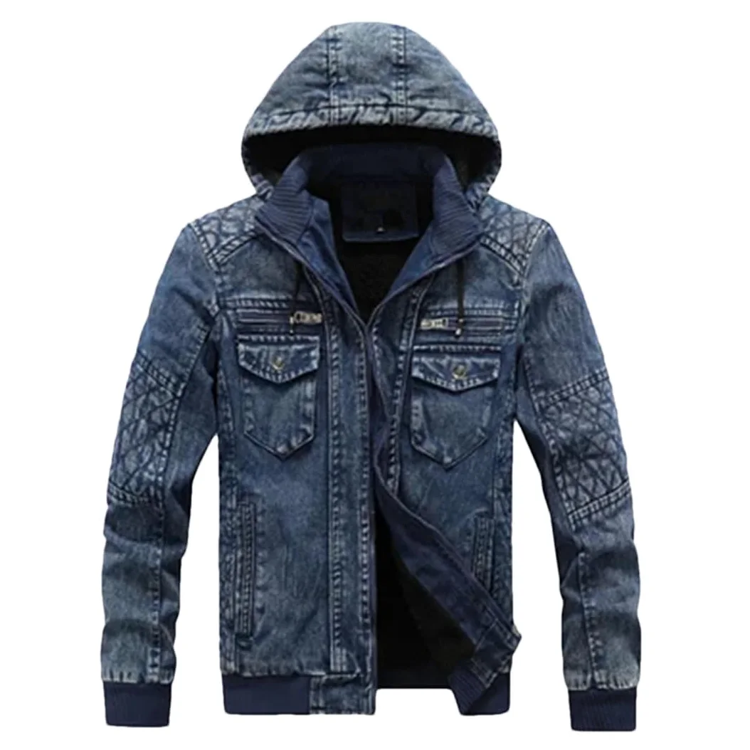 Adhdyuud Męskie bluzy z kapturem kurtka dżinsowa z kieszeniami vintage slim fit płaszcze dżinsy na co dzień ciepła odzież wierzchnia