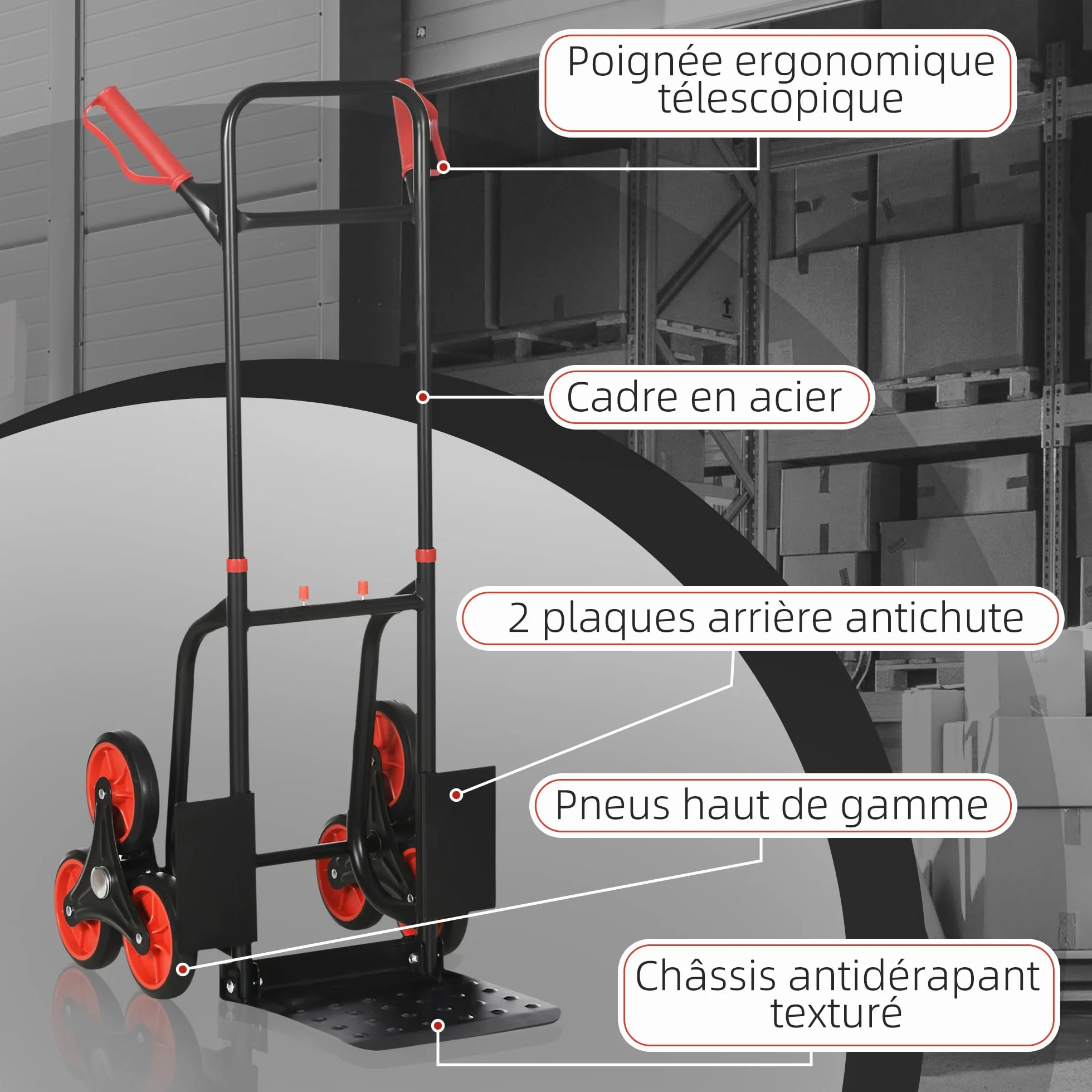 HOMCOM Wózek schodowy 6 kół, rozkładany, składany wózek transportowy 120 kg, wózek składany, stalowy, czarny czerwony