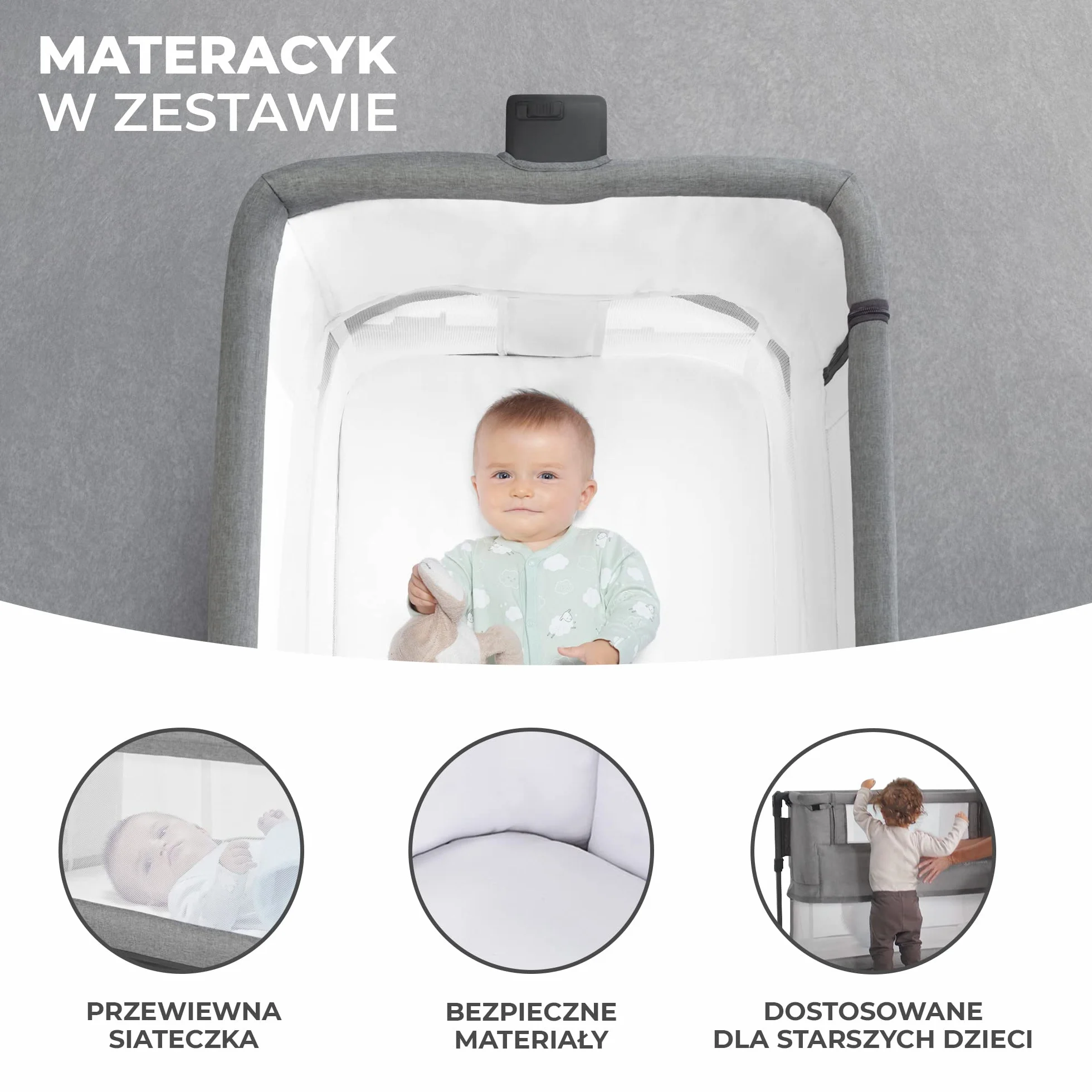 Kinderkraft NESTE GROW Łóżeczko dziecięce 3 w 1, Łóżeczko dostawne, Łóżeczko dla niemowlaków od urodzenia do 2 lat, Regulowana wysokość, Łatwy montaż, Materacyk i Torba w zestawie, Jasnoszary